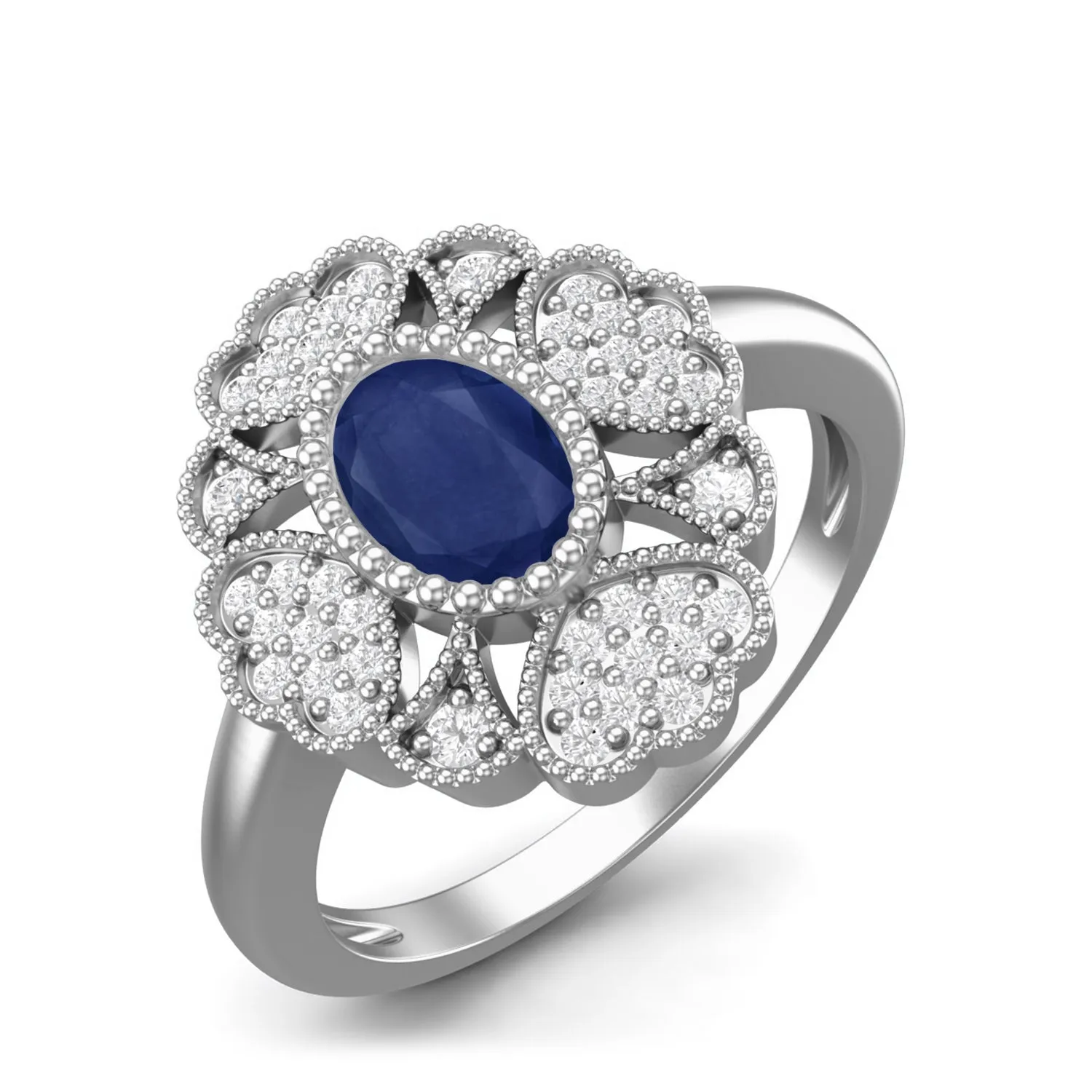 Natural Blue Sapphire Gemstone Dainty Designer Flower Wedding 925 Sterling Silver Ring