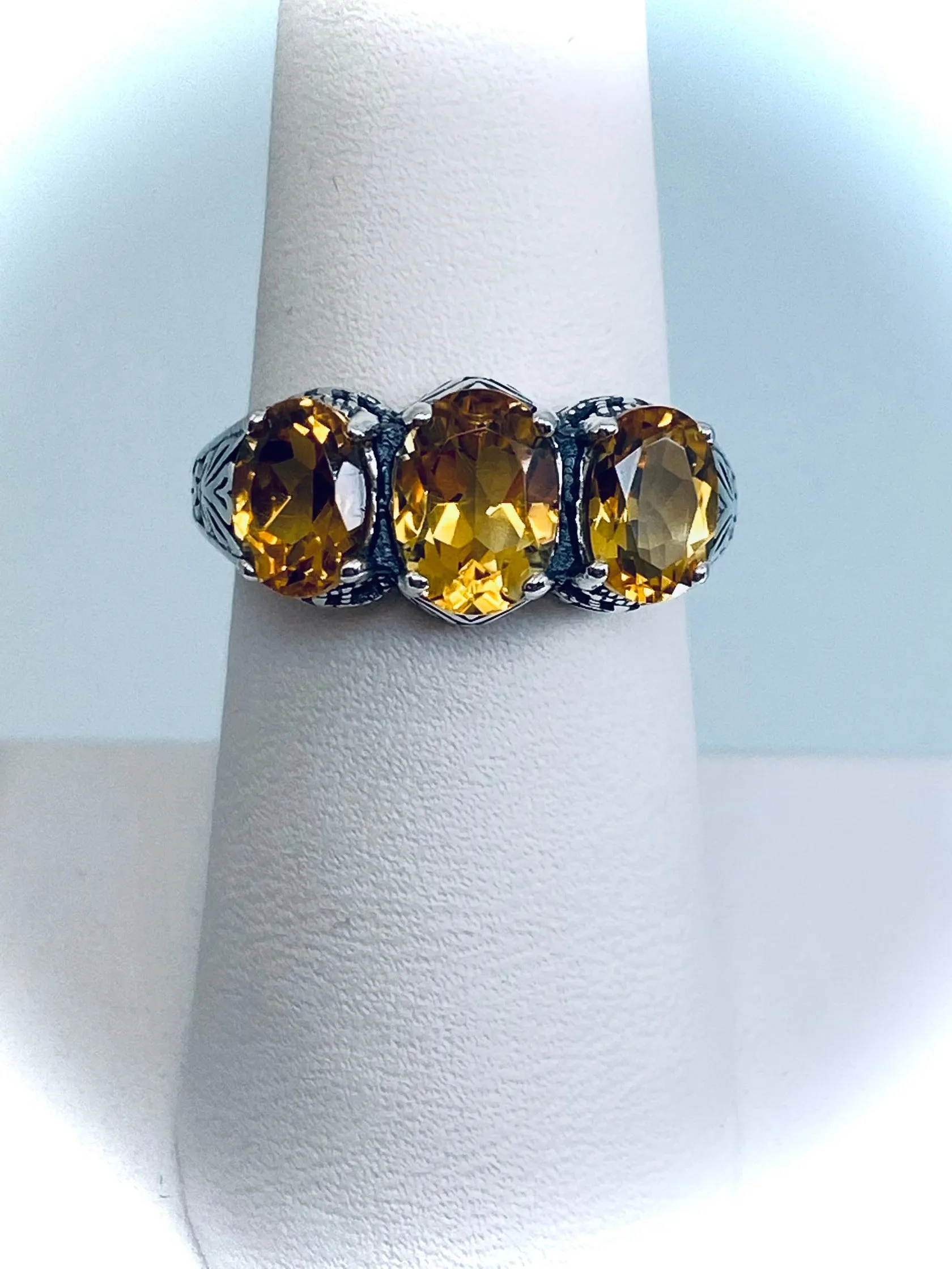 Natural Citrine Ring, Size 8 Ring, Yellow Citrine Gems, Trinity (3 Gem) Ring, Art Deco Jewelry #D41 - Ready to Ship