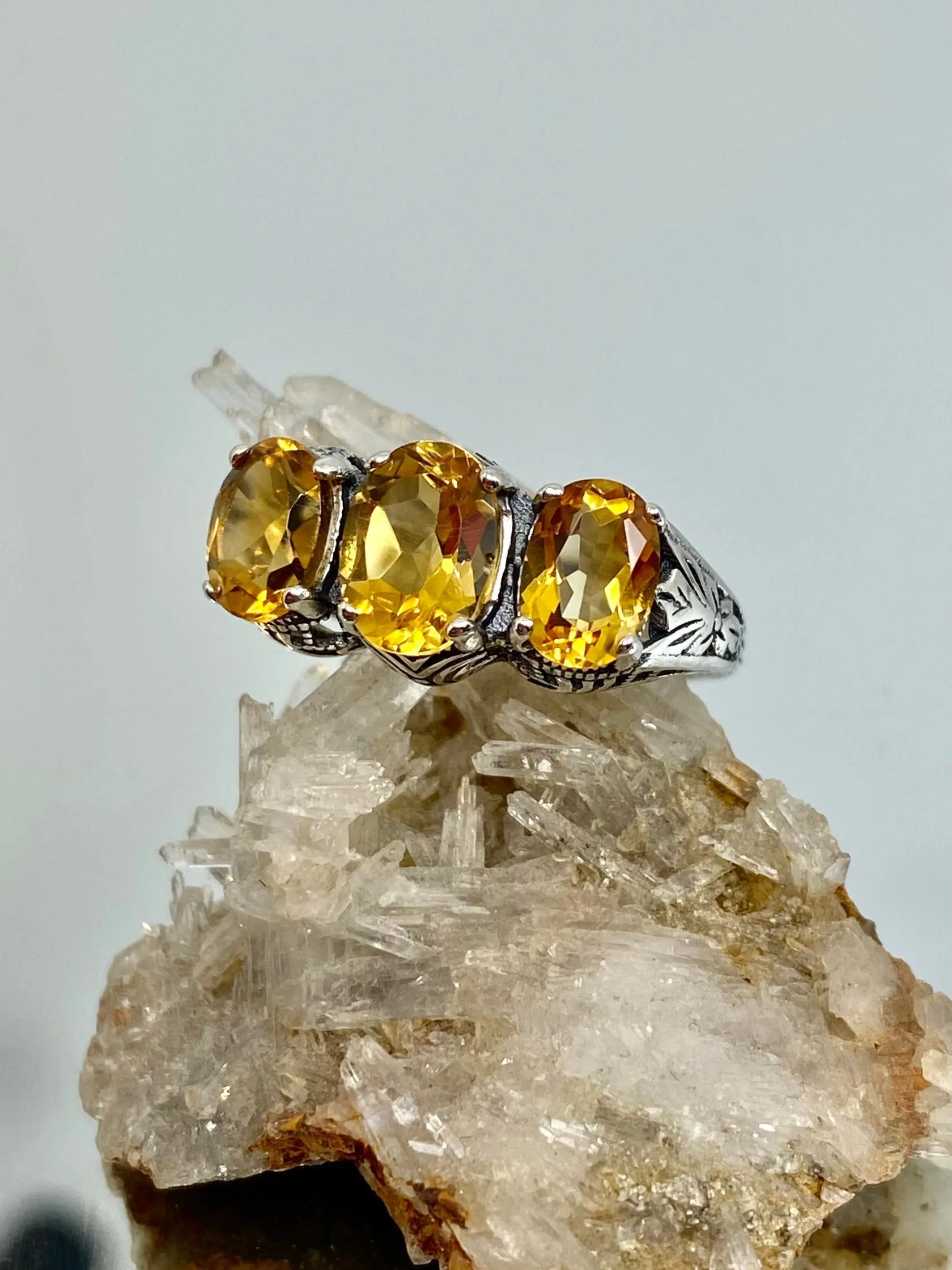 Natural Citrine Ring, Size 8 Ring, Yellow Citrine Gems, Trinity (3 Gem) Ring, Art Deco Jewelry #D41 - Ready to Ship