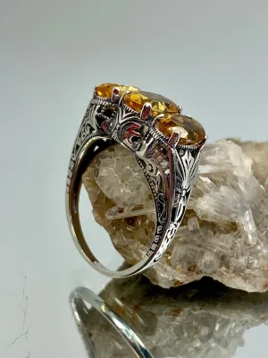 Natural Citrine Ring, Size 8 Ring, Yellow Citrine Gems, Trinity (3 Gem) Ring, Art Deco Jewelry #D41 - Ready to Ship