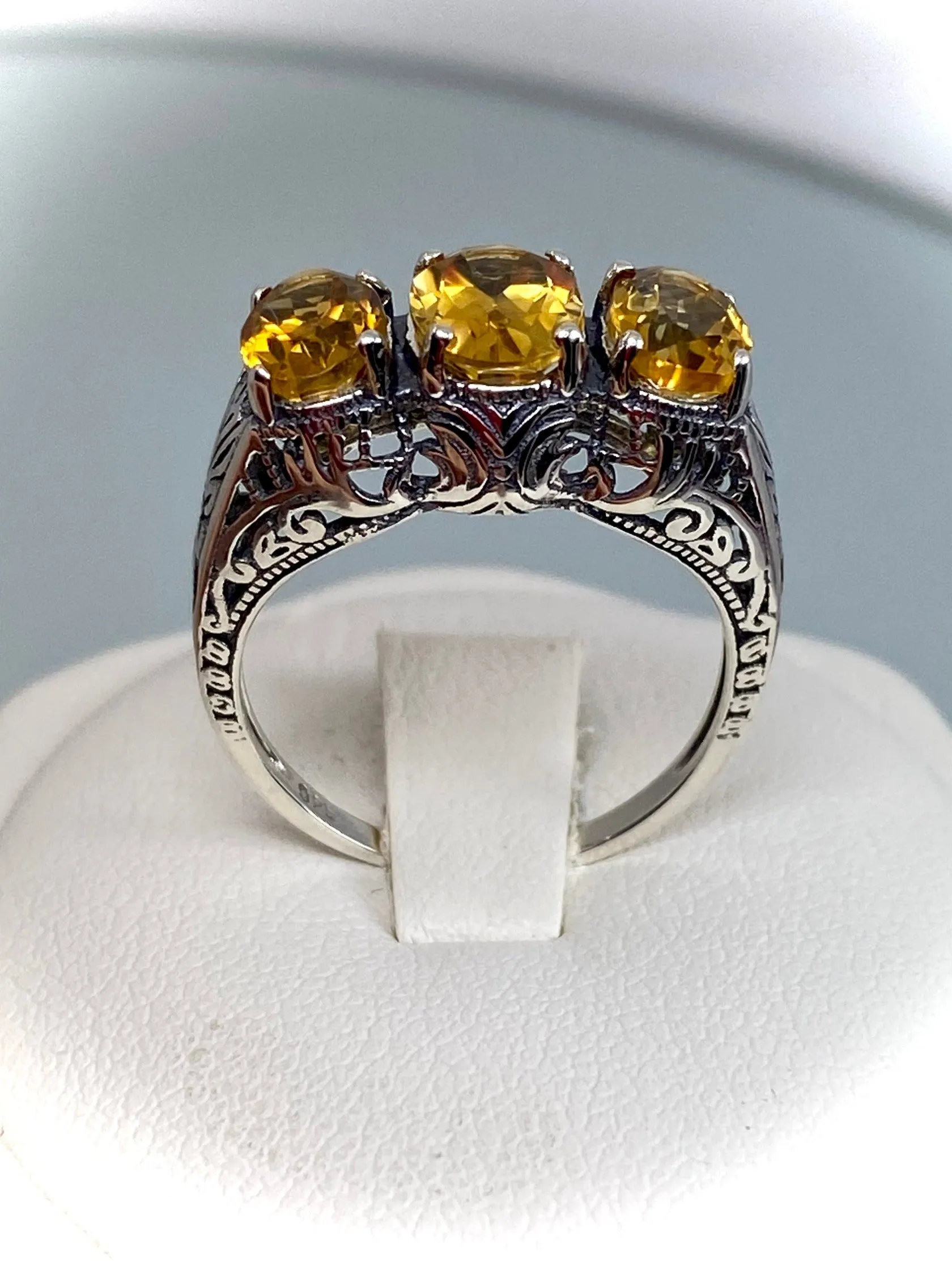 Natural Citrine Ring, Size 8 Ring, Yellow Citrine Gems, Trinity (3 Gem) Ring, Art Deco Jewelry #D41 - Ready to Ship