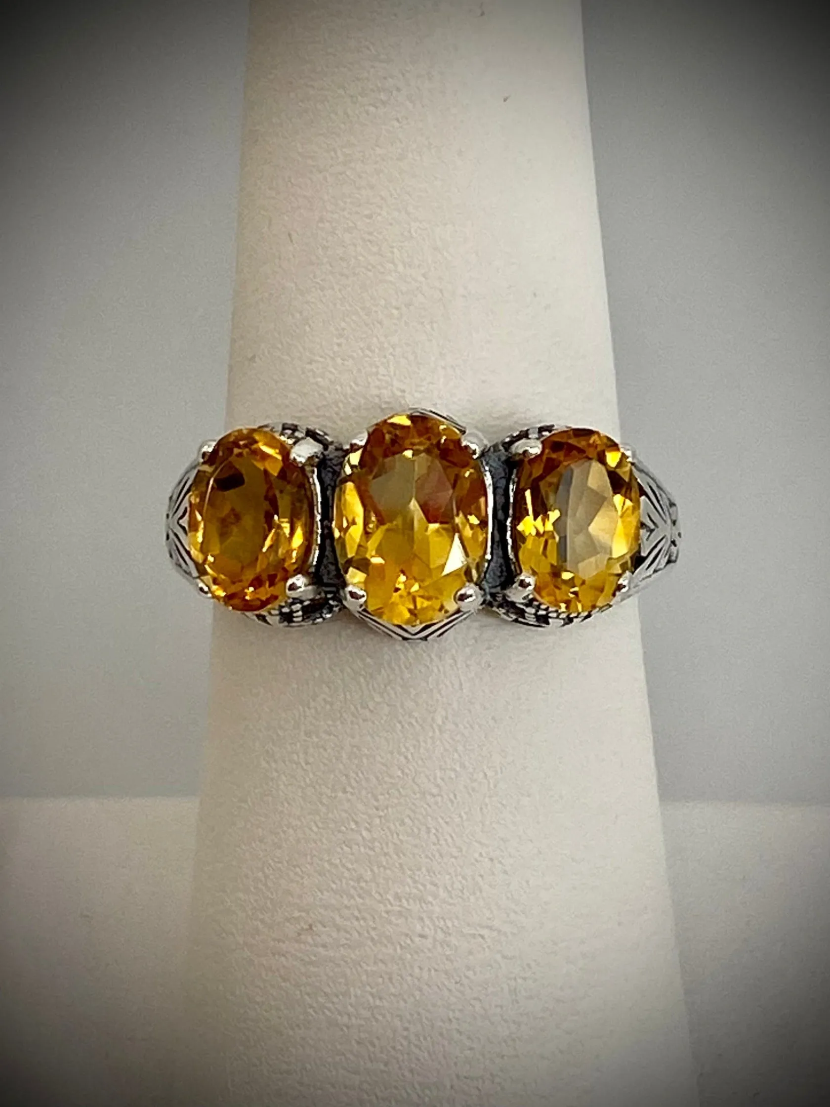 Natural Citrine Ring, Size 8 Ring, Yellow Citrine Gems, Trinity (3 Gem) Ring, Art Deco Jewelry #D41 - Ready to Ship
