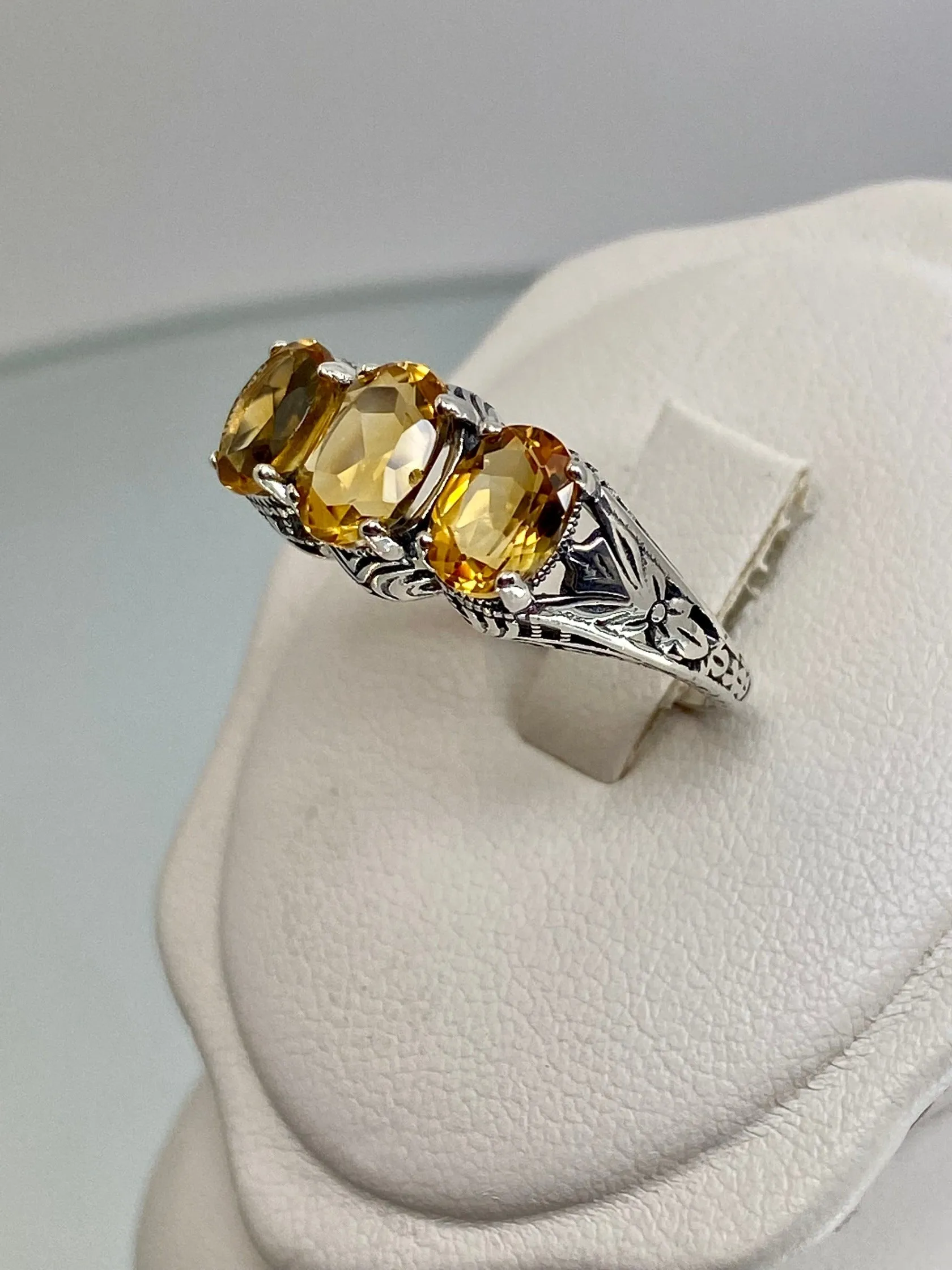 Natural Citrine Ring, Size 8 Ring, Yellow Citrine Gems, Trinity (3 Gem) Ring, Art Deco Jewelry #D41 - Ready to Ship