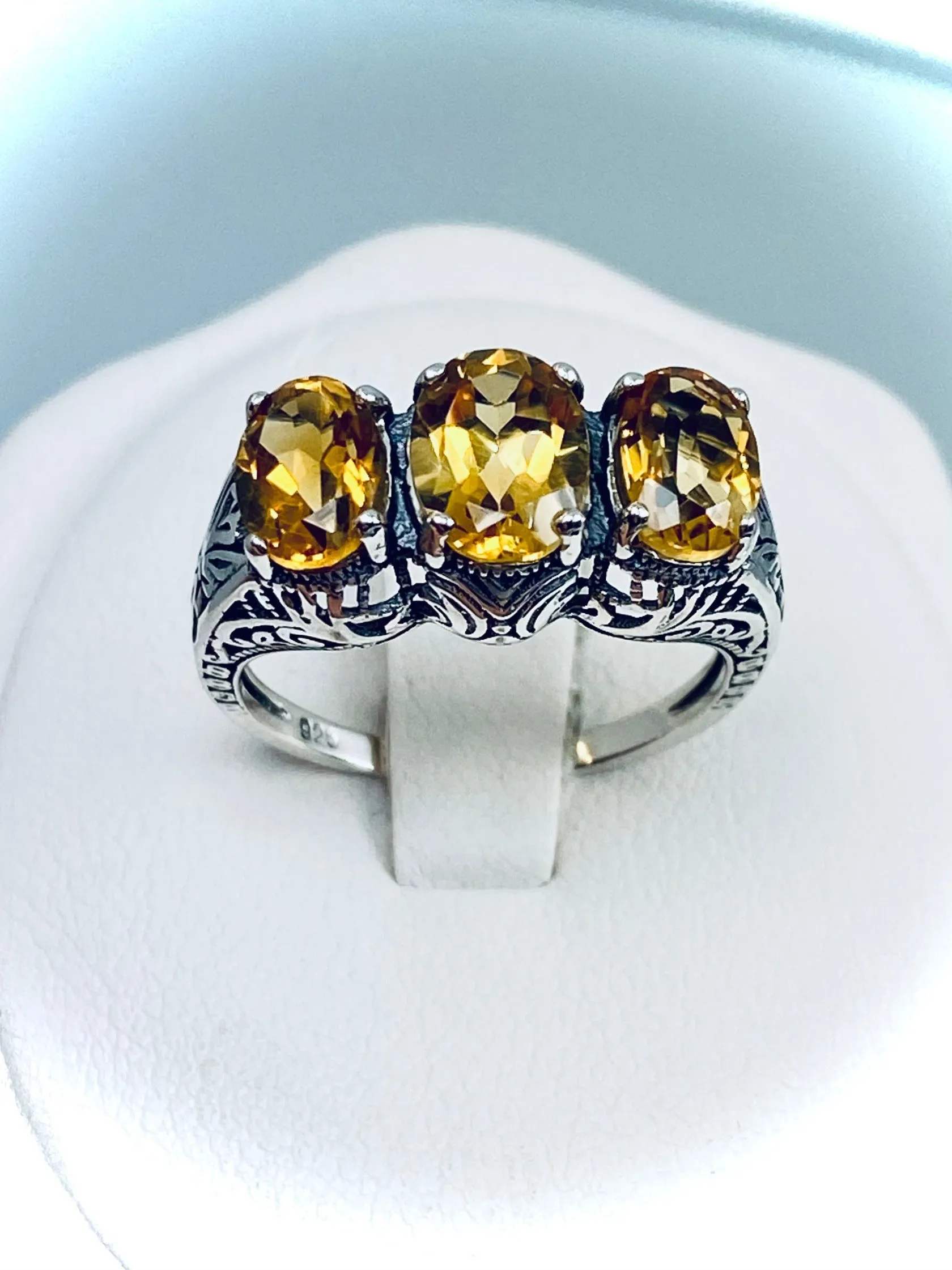 Natural Citrine Ring, Size 8 Ring, Yellow Citrine Gems, Trinity (3 Gem) Ring, Art Deco Jewelry #D41 - Ready to Ship