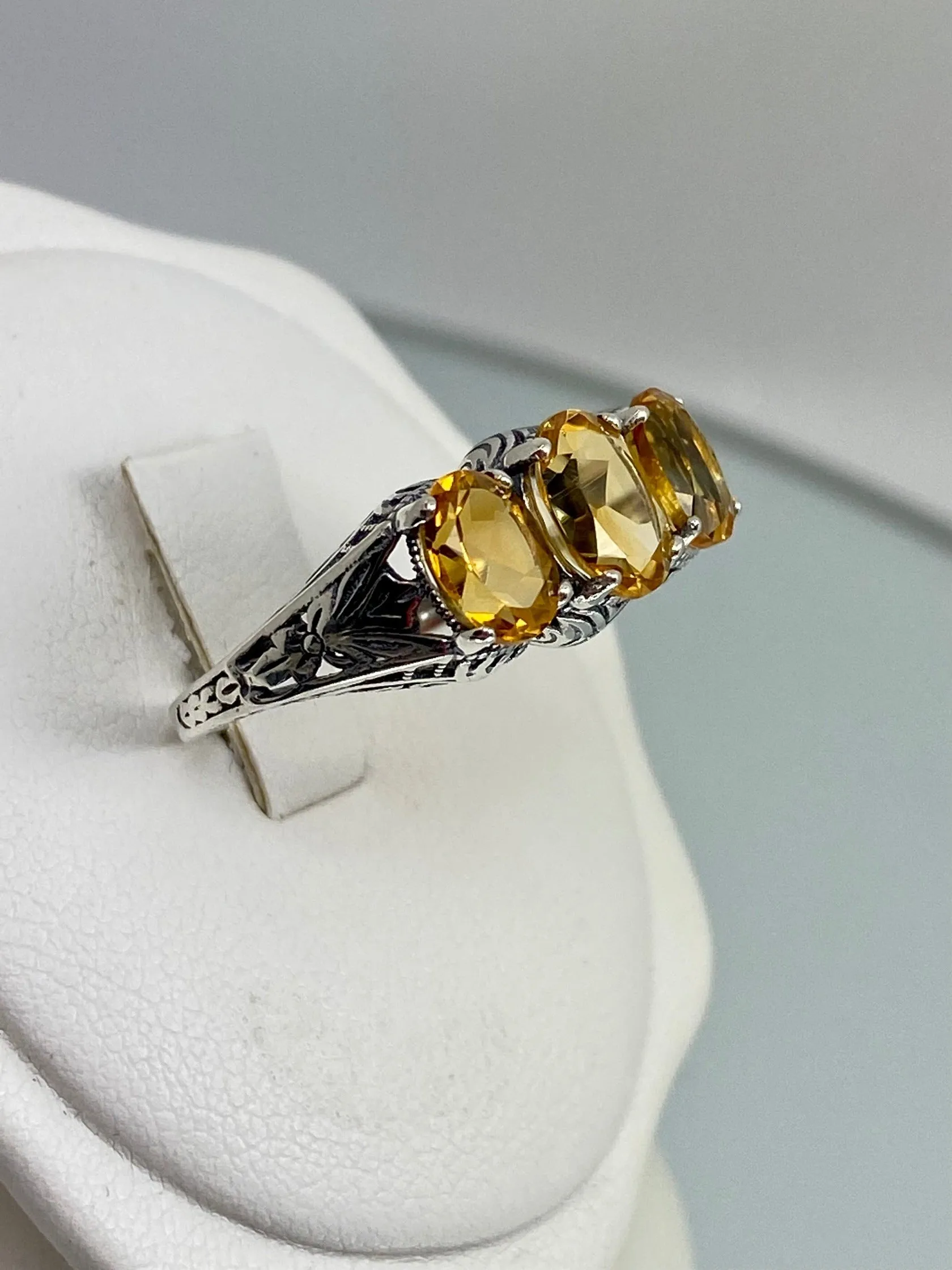 Natural Citrine Ring, Size 8 Ring, Yellow Citrine Gems, Trinity (3 Gem) Ring, Art Deco Jewelry #D41 - Ready to Ship