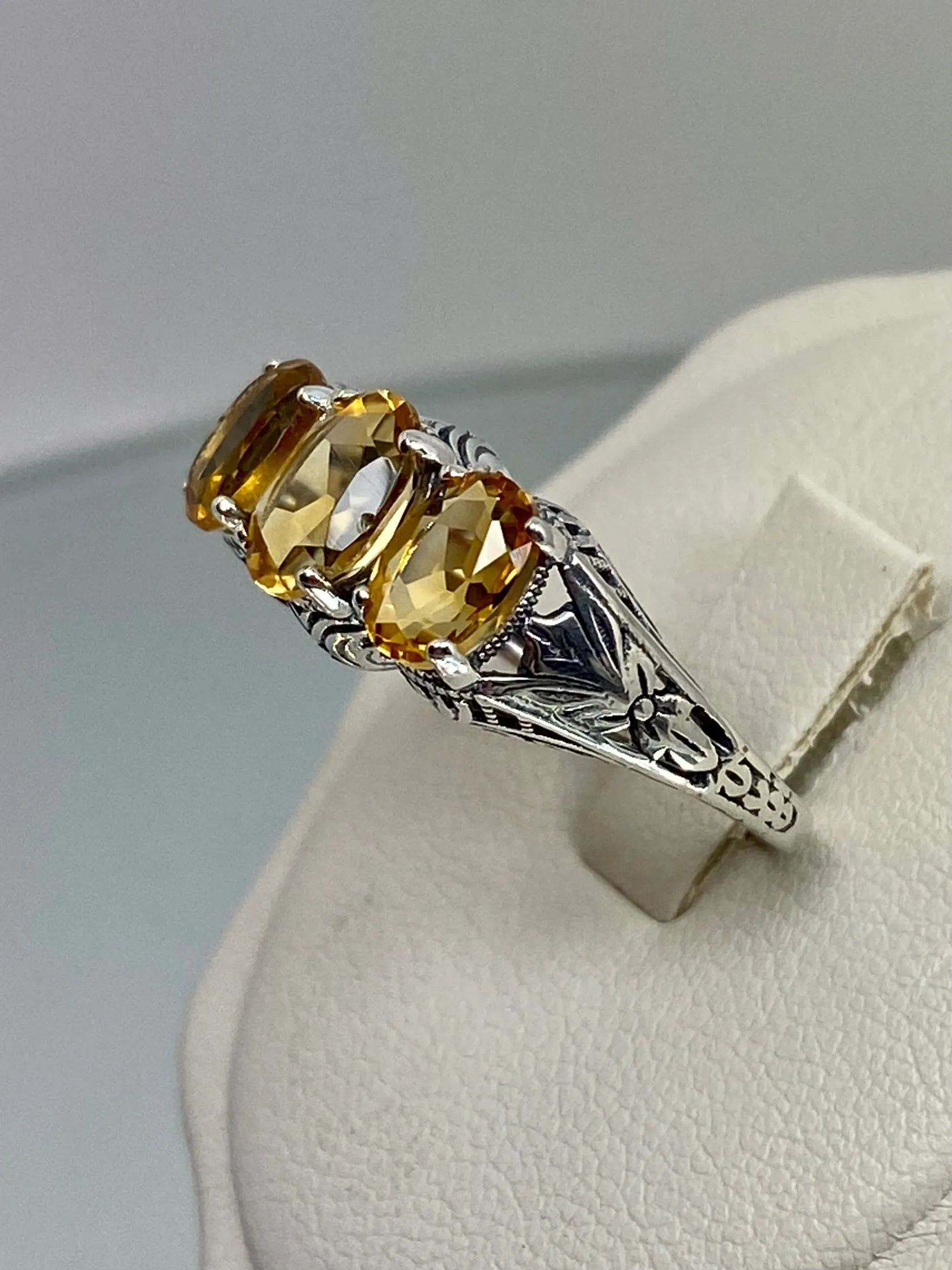 Natural Citrine Ring, Size 8 Ring, Yellow Citrine Gems, Trinity (3 Gem) Ring, Art Deco Jewelry #D41 - Ready to Ship