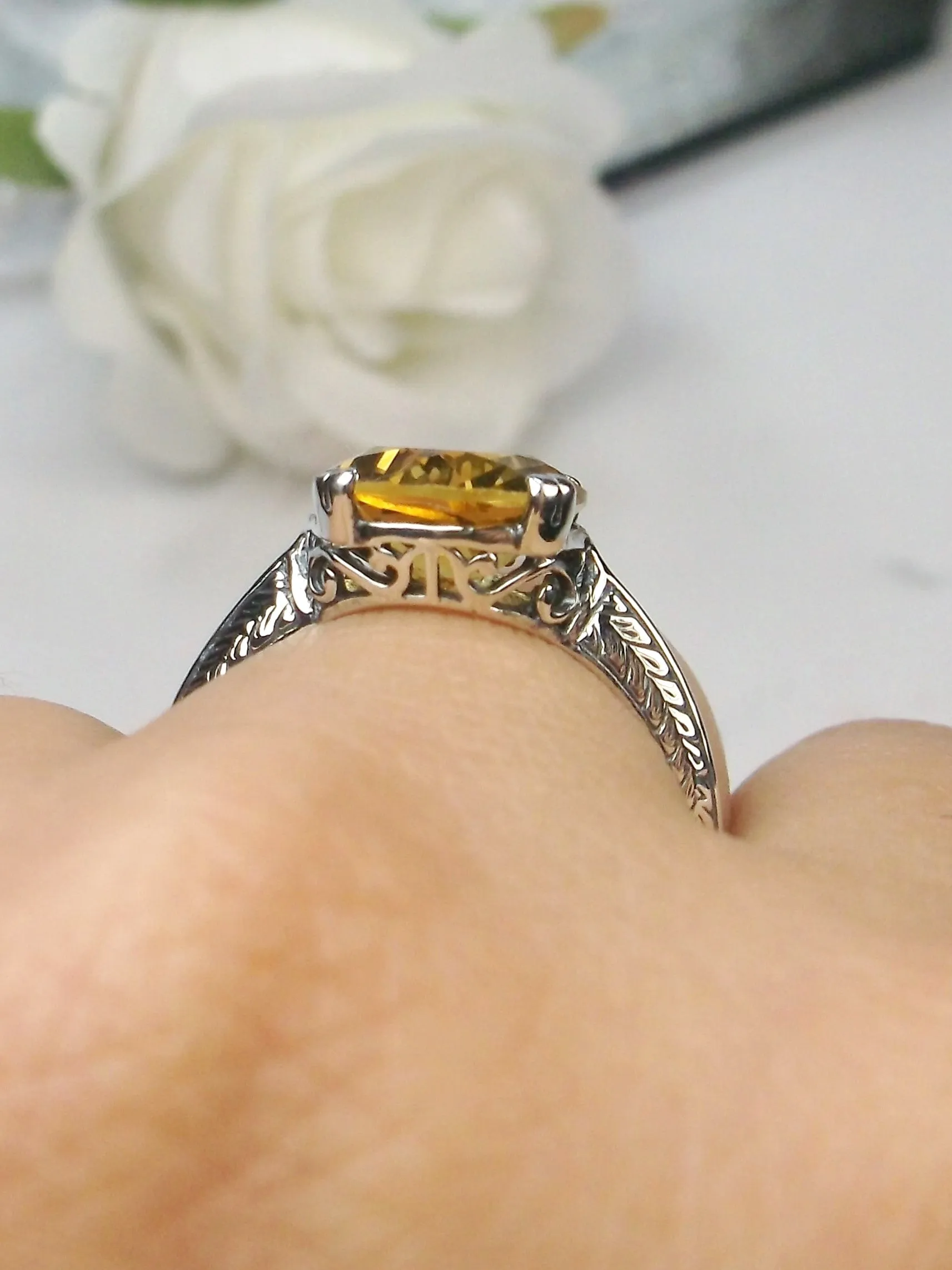 Natural Citrine Ring, Yellow Gem Button Ring, Art Deco 1930's Style Jewelry, #D12