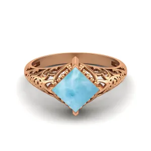 Natural Larimar 6x6mm Square Shaped Wedding Ring Antique Filigree Ring