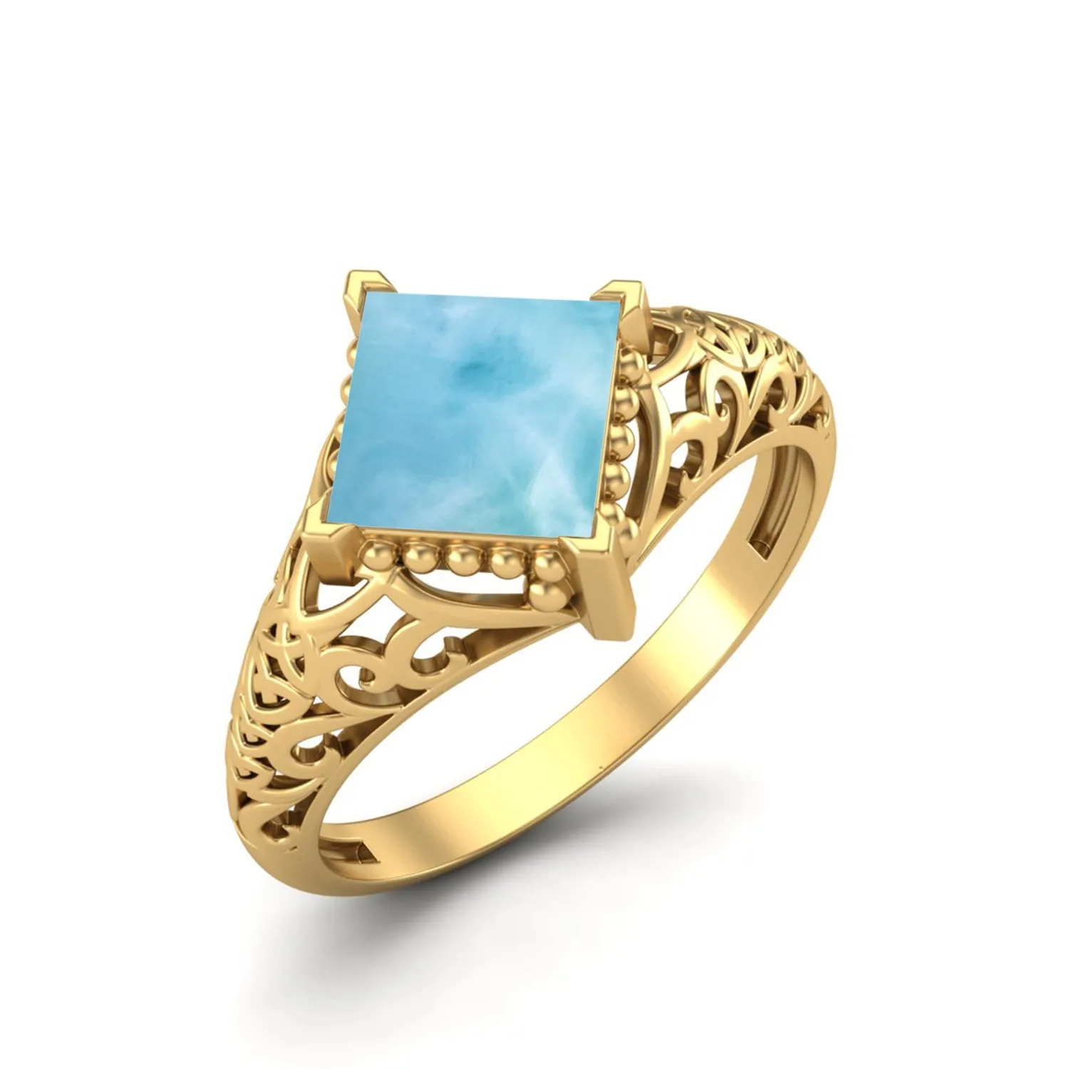 Natural Larimar 6x6mm Square Shaped Wedding Ring Antique Filigree Ring