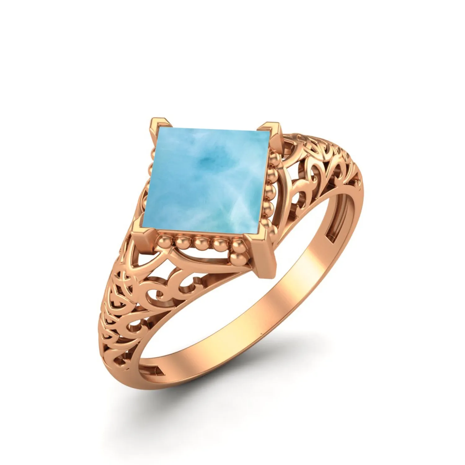 Natural Larimar 6x6mm Square Shaped Wedding Ring Antique Filigree Ring