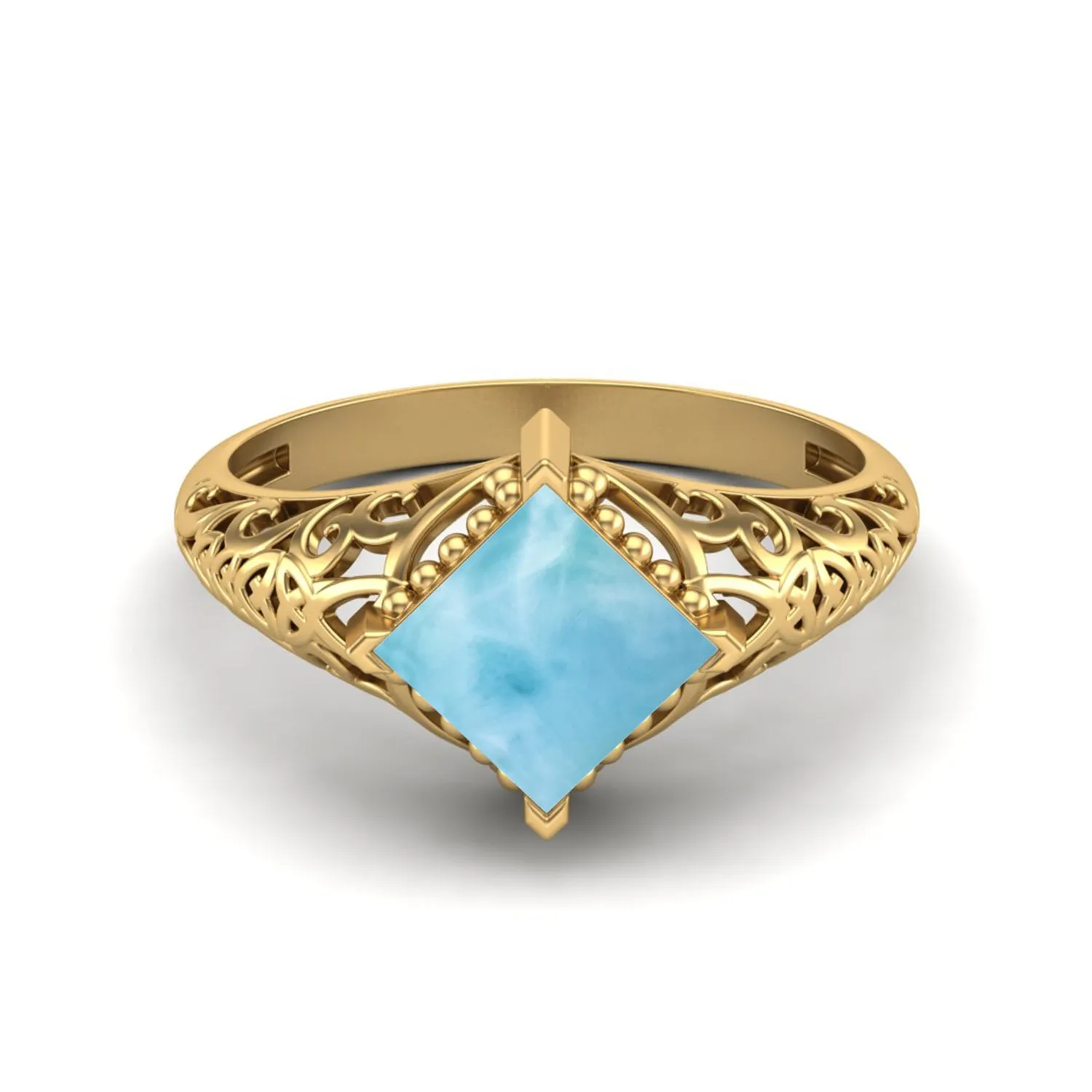 Natural Larimar 6x6mm Square Shaped Wedding Ring Antique Filigree Ring