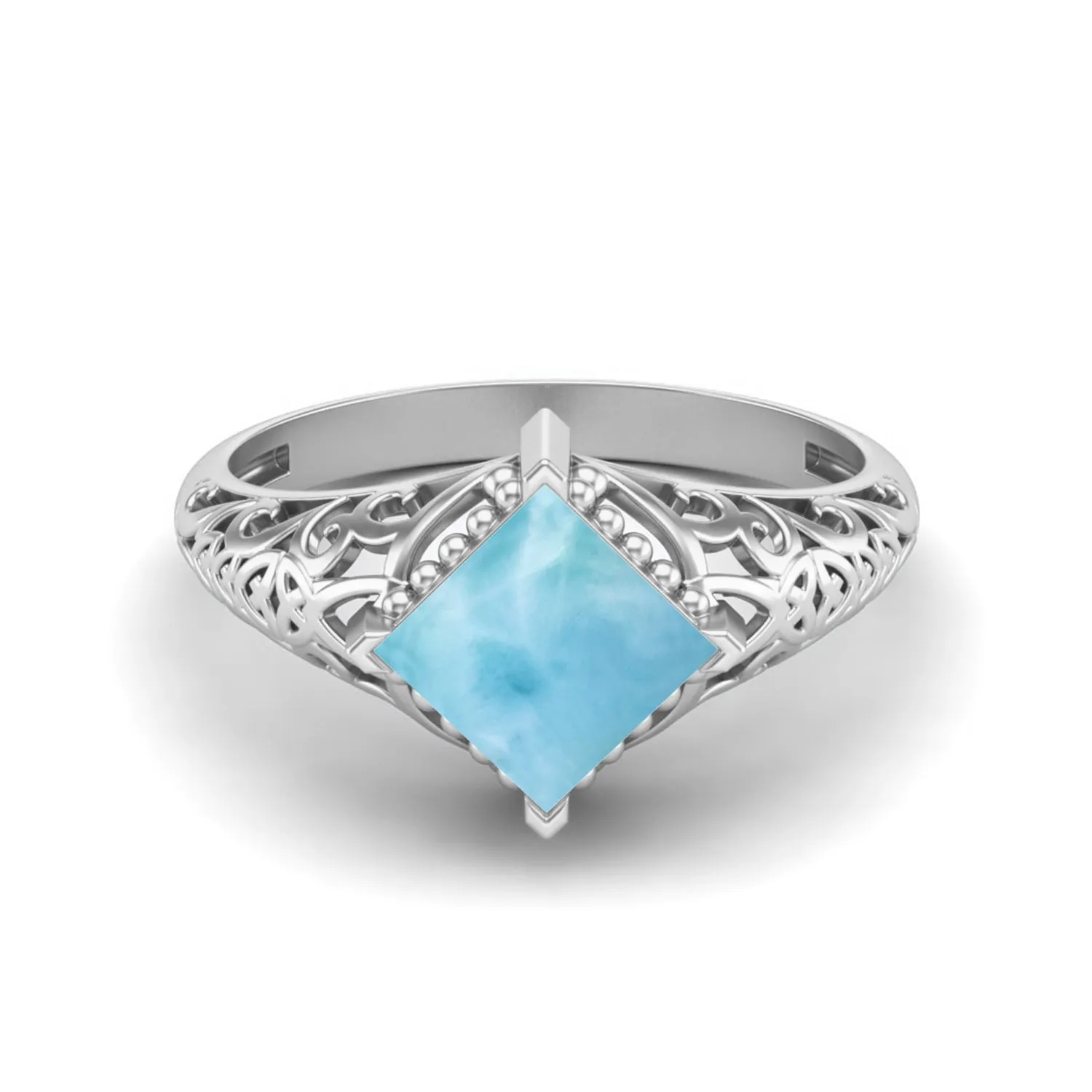 Natural Larimar 6x6mm Square Shaped Wedding Ring Antique Filigree Ring