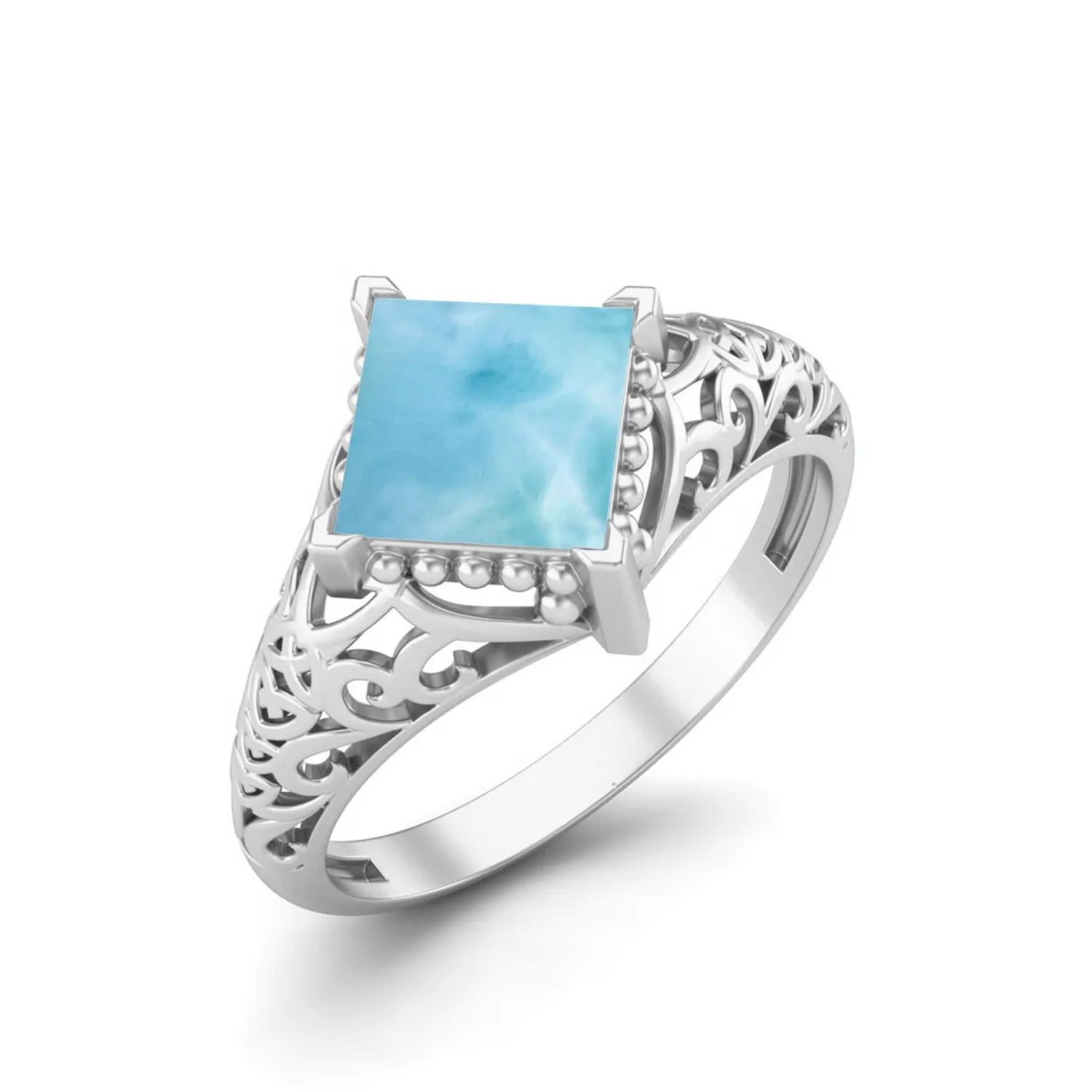 Natural Larimar 6x6mm Square Shaped Wedding Ring Antique Filigree Ring