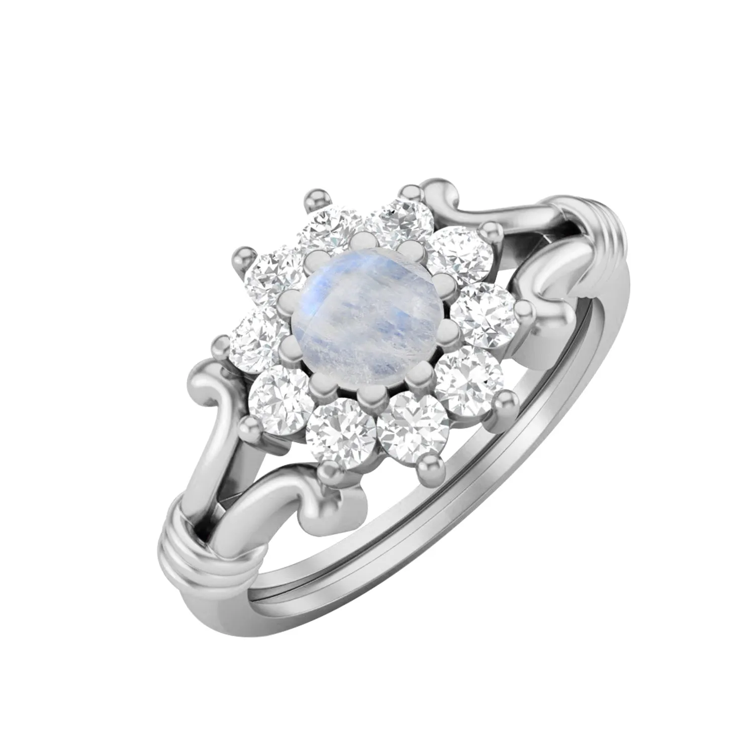 Natural Moonstone Halo Wedding Ring Art Deco Bridal Promise Ring