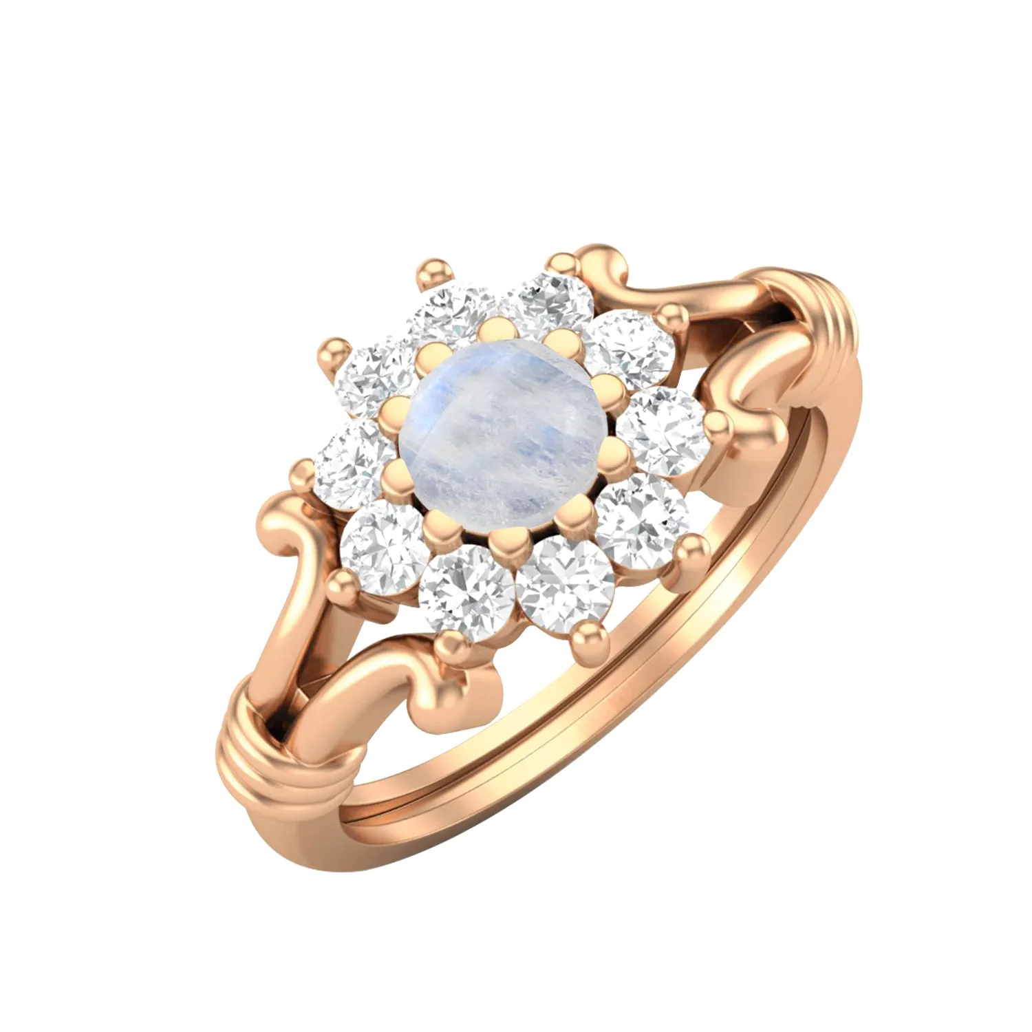 Natural Moonstone Halo Wedding Ring Art Deco Bridal Promise Ring