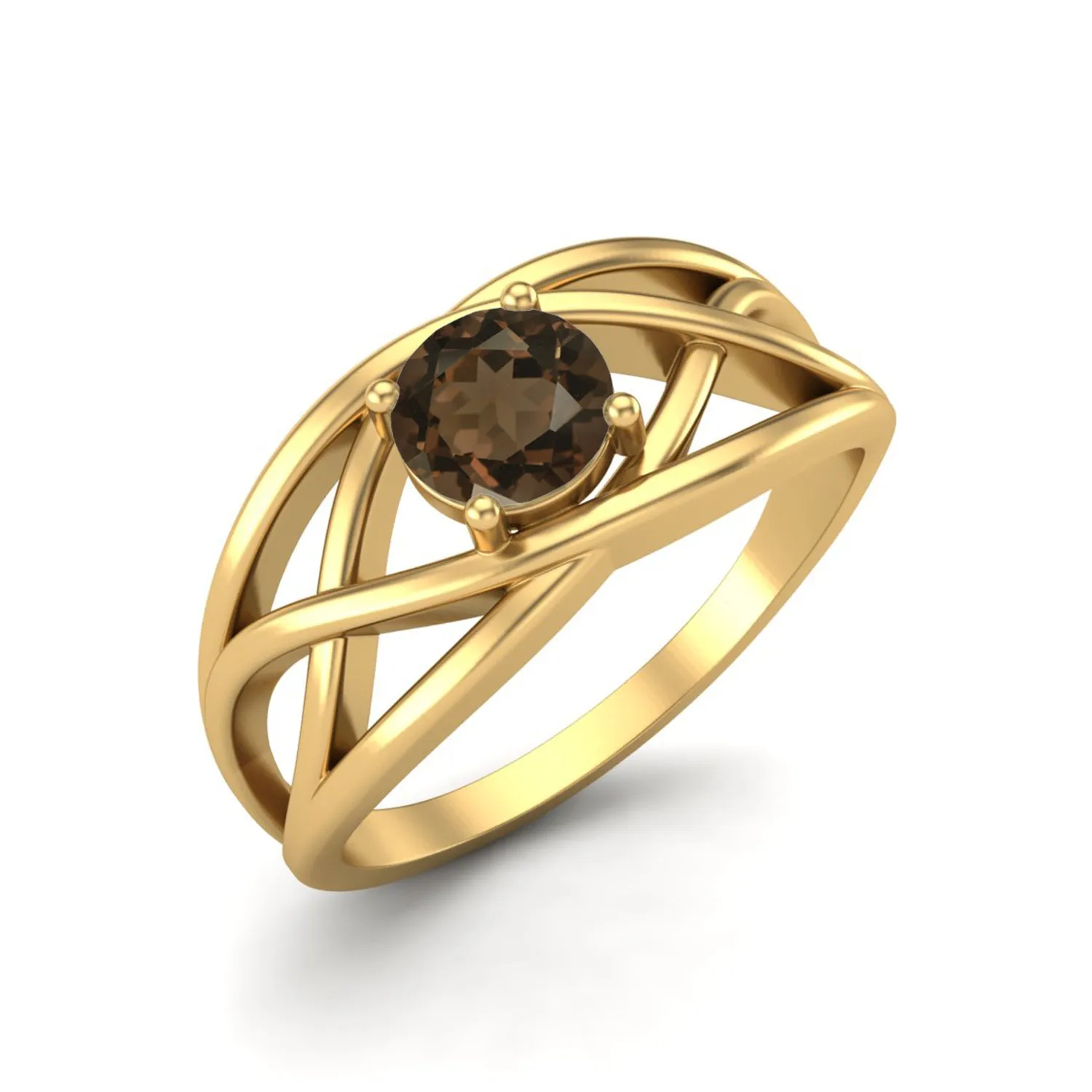 Natural Smoky Quartz Crossover Ring 5x5mm Round Shaped Ring