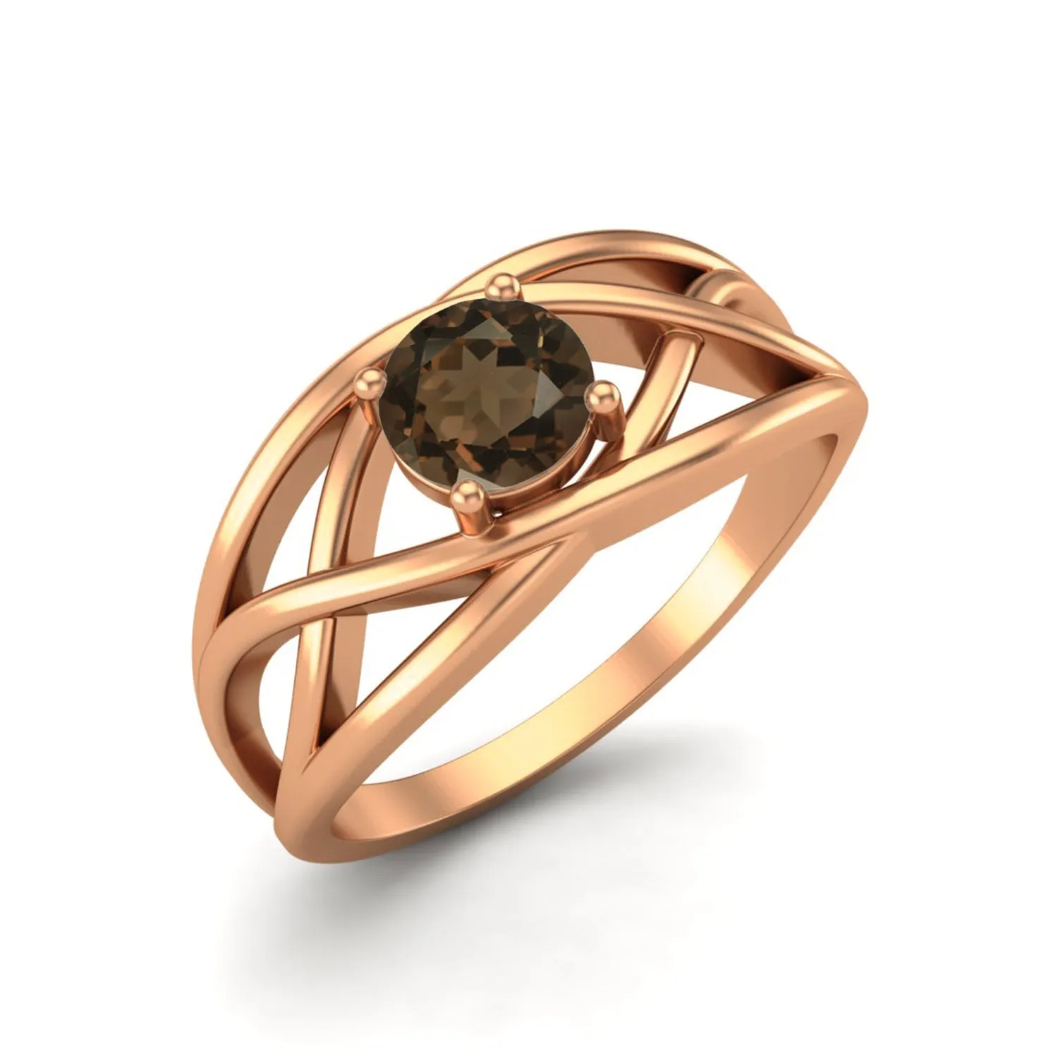 Natural Smoky Quartz Crossover Ring 5x5mm Round Shaped Ring