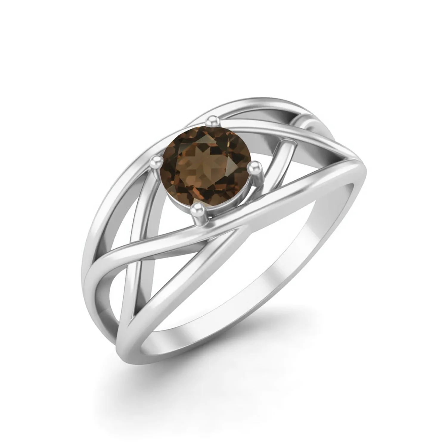 Natural Smoky Quartz Crossover Ring 5x5mm Round Shaped Ring