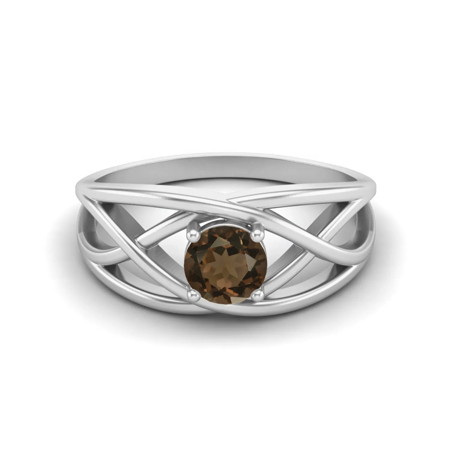 Natural Smoky Quartz Crossover Ring 5x5mm Round Shaped Ring