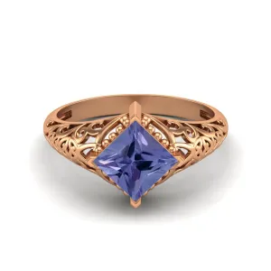 Natural Tanzanite Ring 6x6mm Square Shaped Wedding Ring Filigree Design Ring