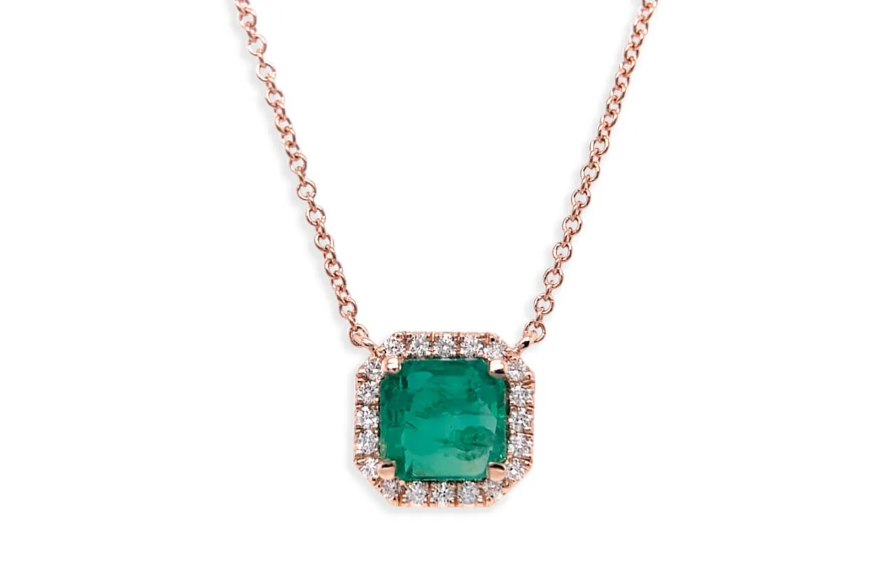 Necklace 18kt Gold Square Emerald & Diamonds Halo