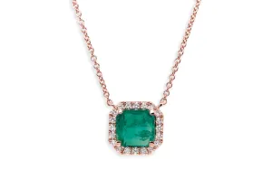 Necklace 18kt Gold Square Emerald & Diamonds Halo