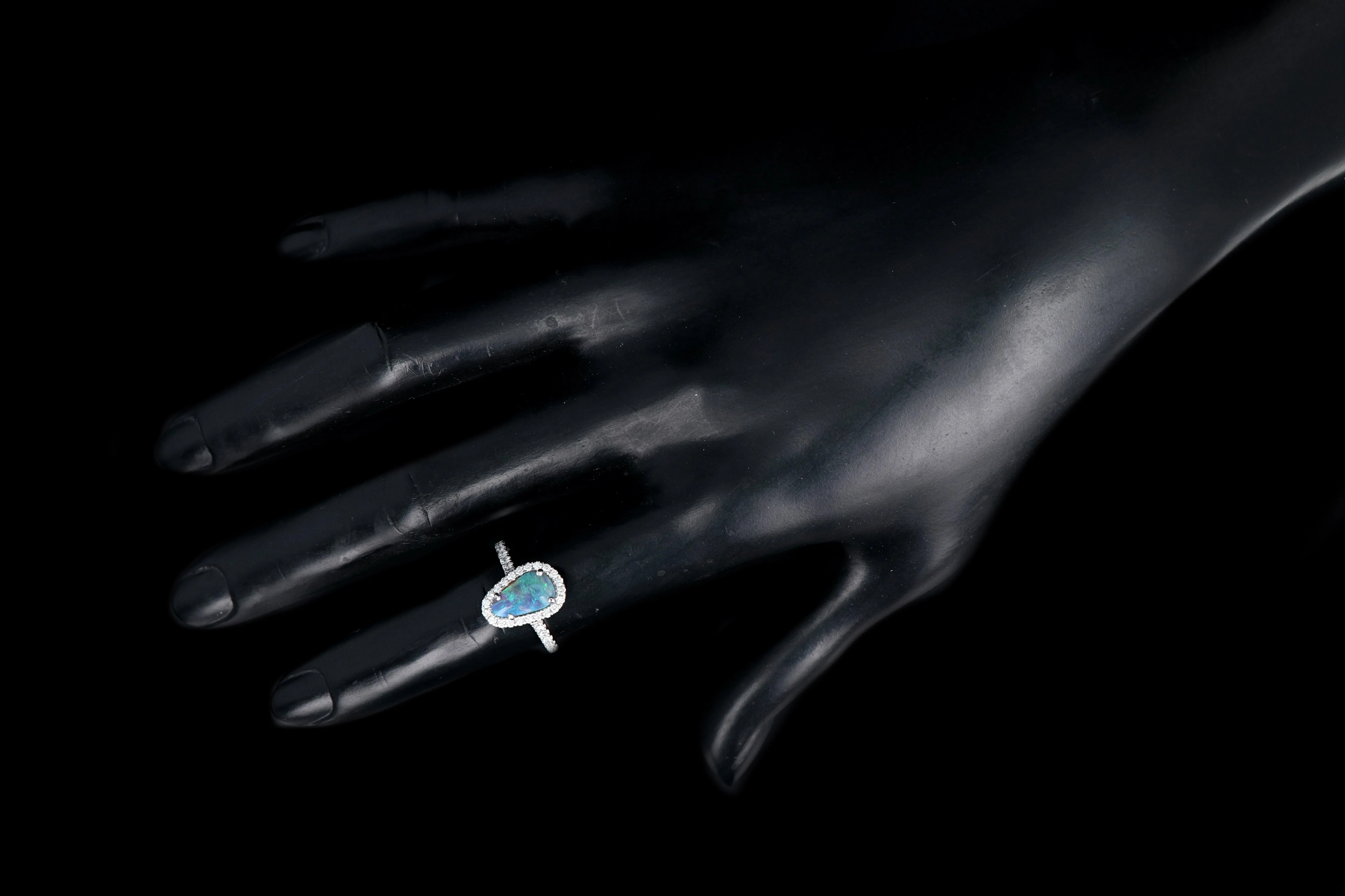 New 14K White Gold 1.11 Carat Oval Cut Black Opal and Diamond Ring