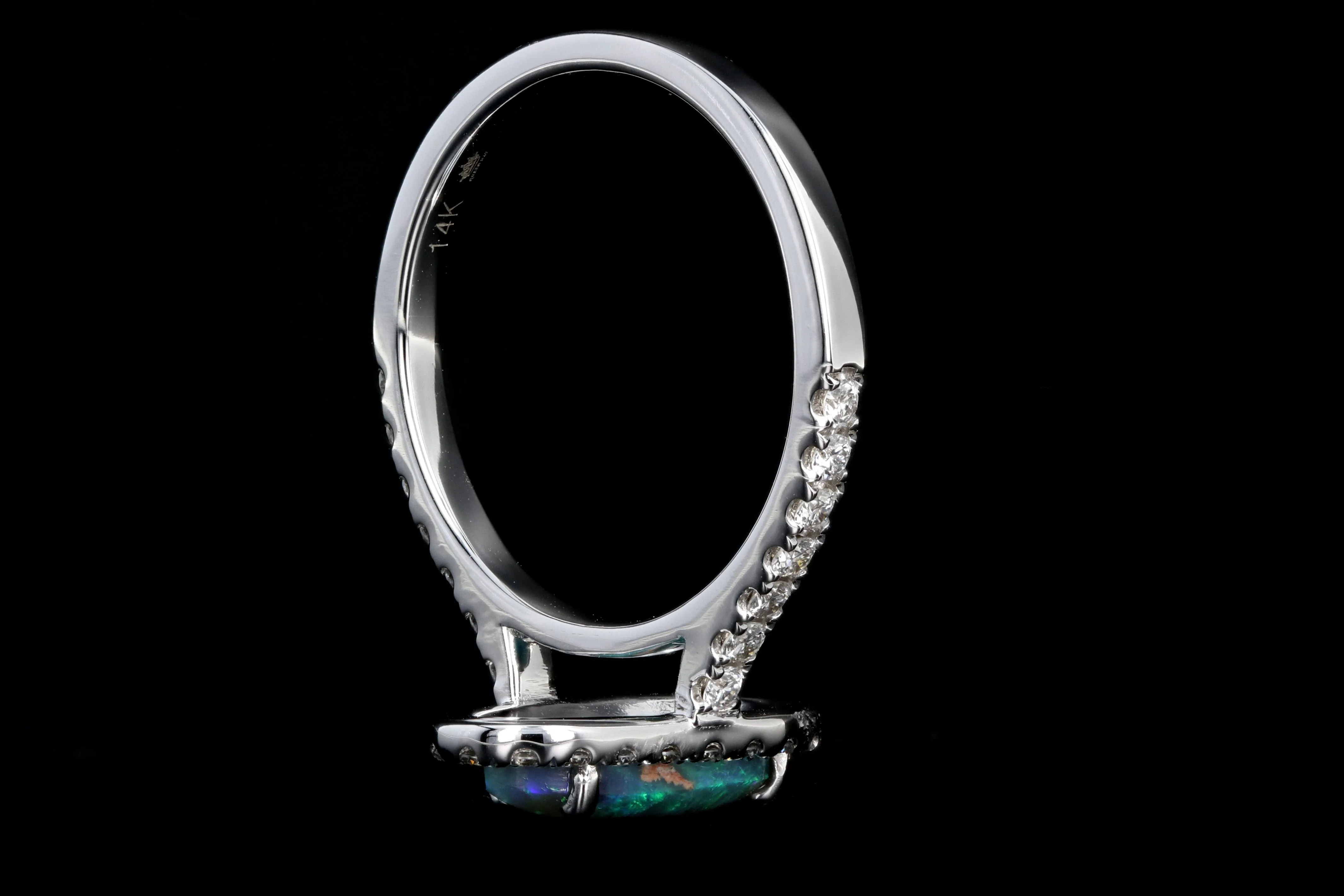New 14K White Gold 1.11 Carat Oval Cut Black Opal and Diamond Ring