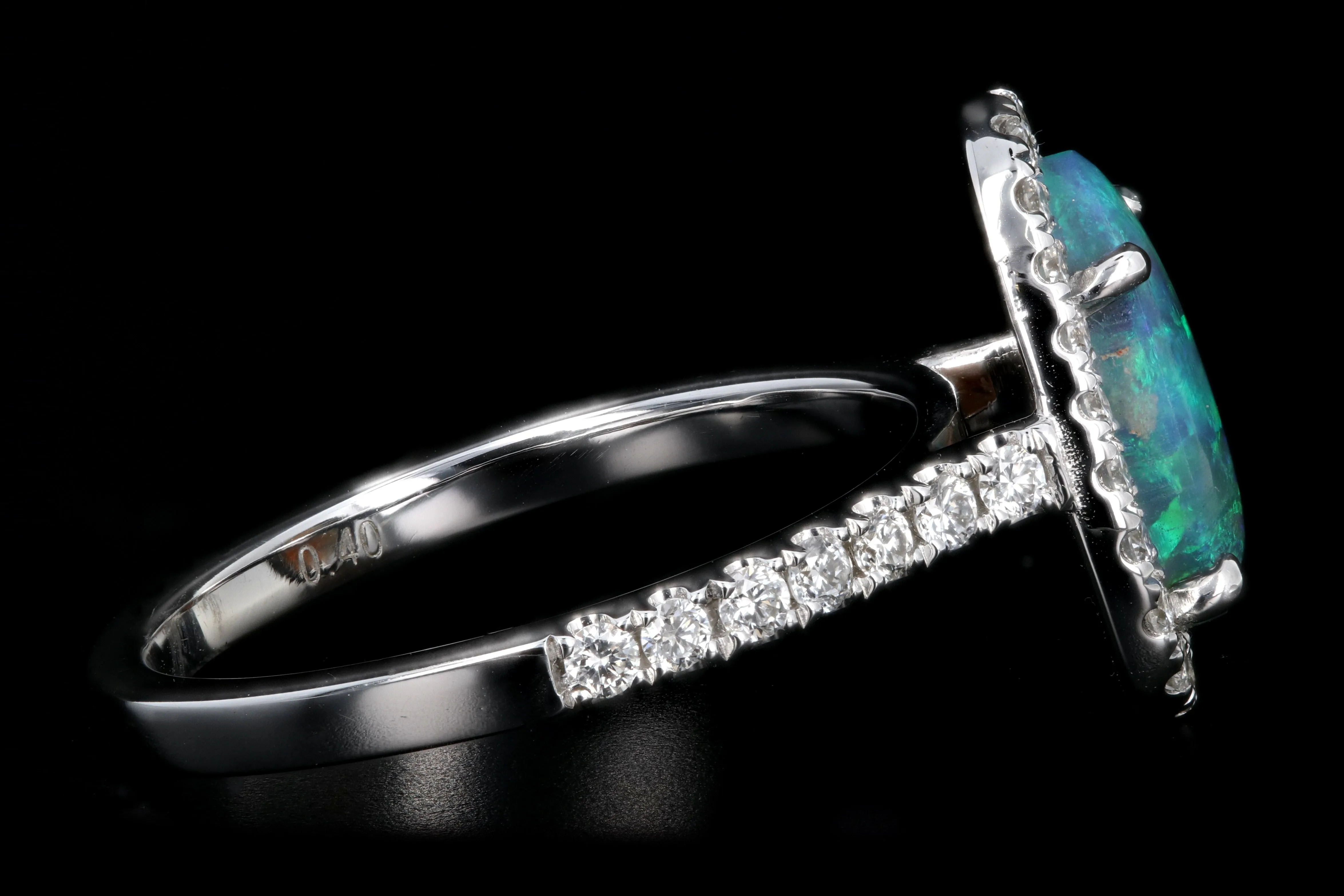 New 14K White Gold 1.11 Carat Oval Cut Black Opal and Diamond Ring