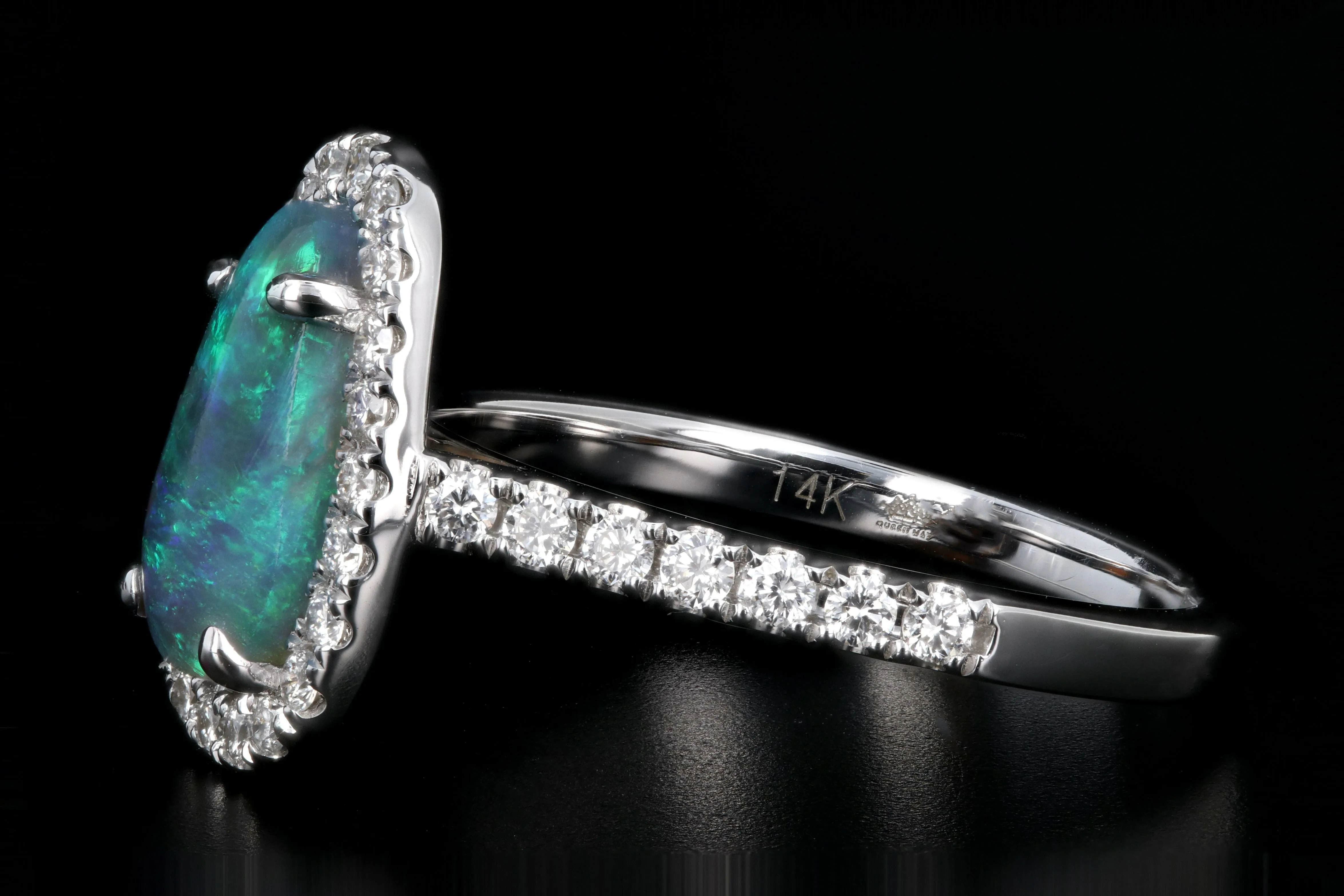 New 14K White Gold 1.11 Carat Oval Cut Black Opal and Diamond Ring