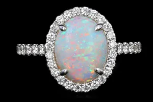 New 14K White Gold 1.29 Carat Oval Cut Opal and Diamond Ring