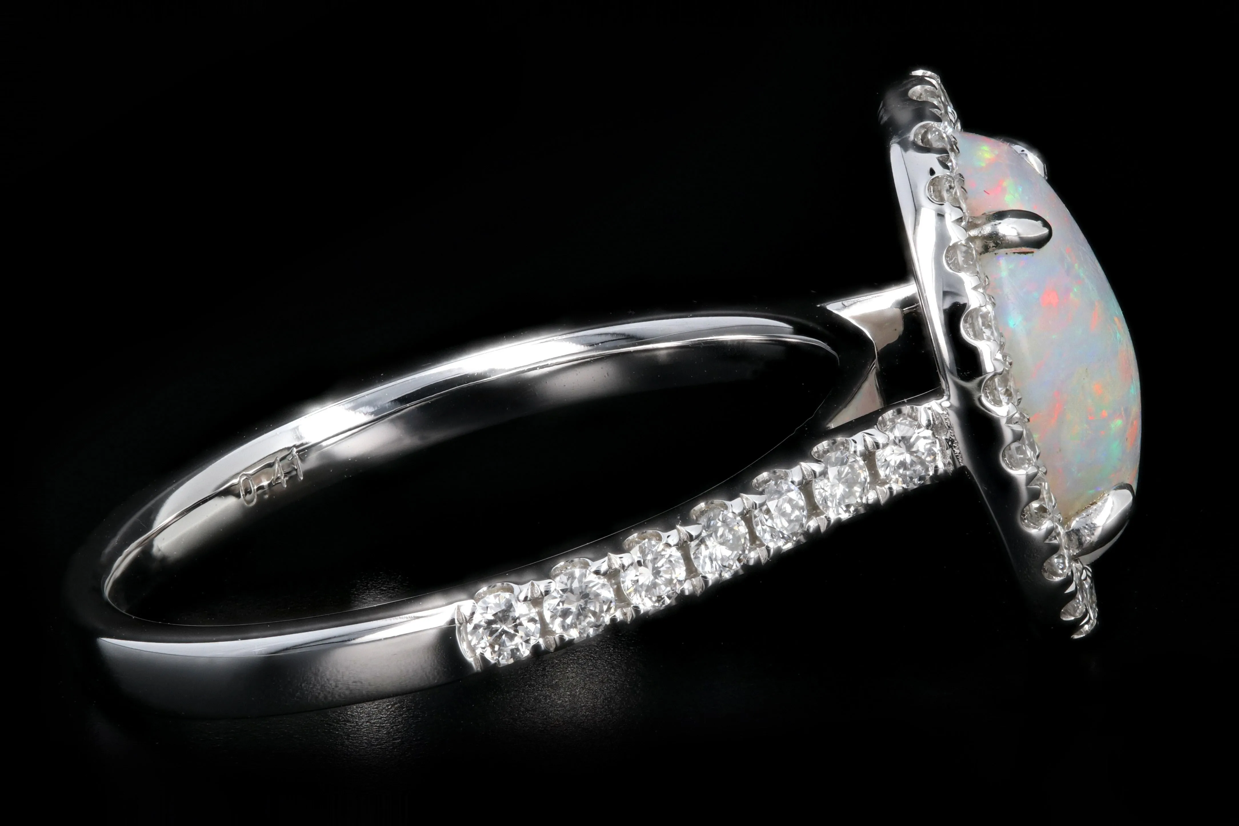 New 14K White Gold 1.29 Carat Oval Cut Opal and Diamond Ring