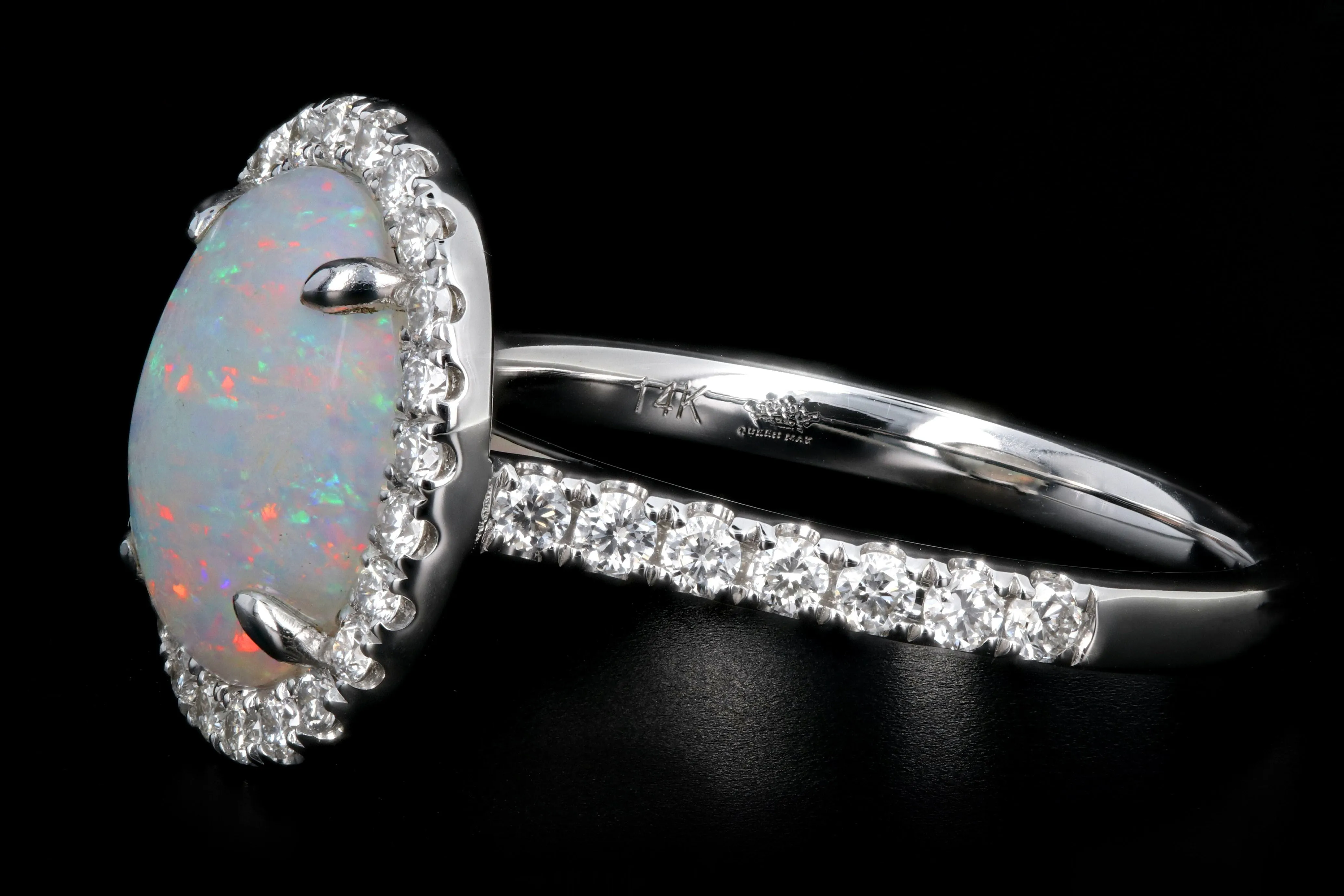 New 14K White Gold 1.29 Carat Oval Cut Opal and Diamond Ring