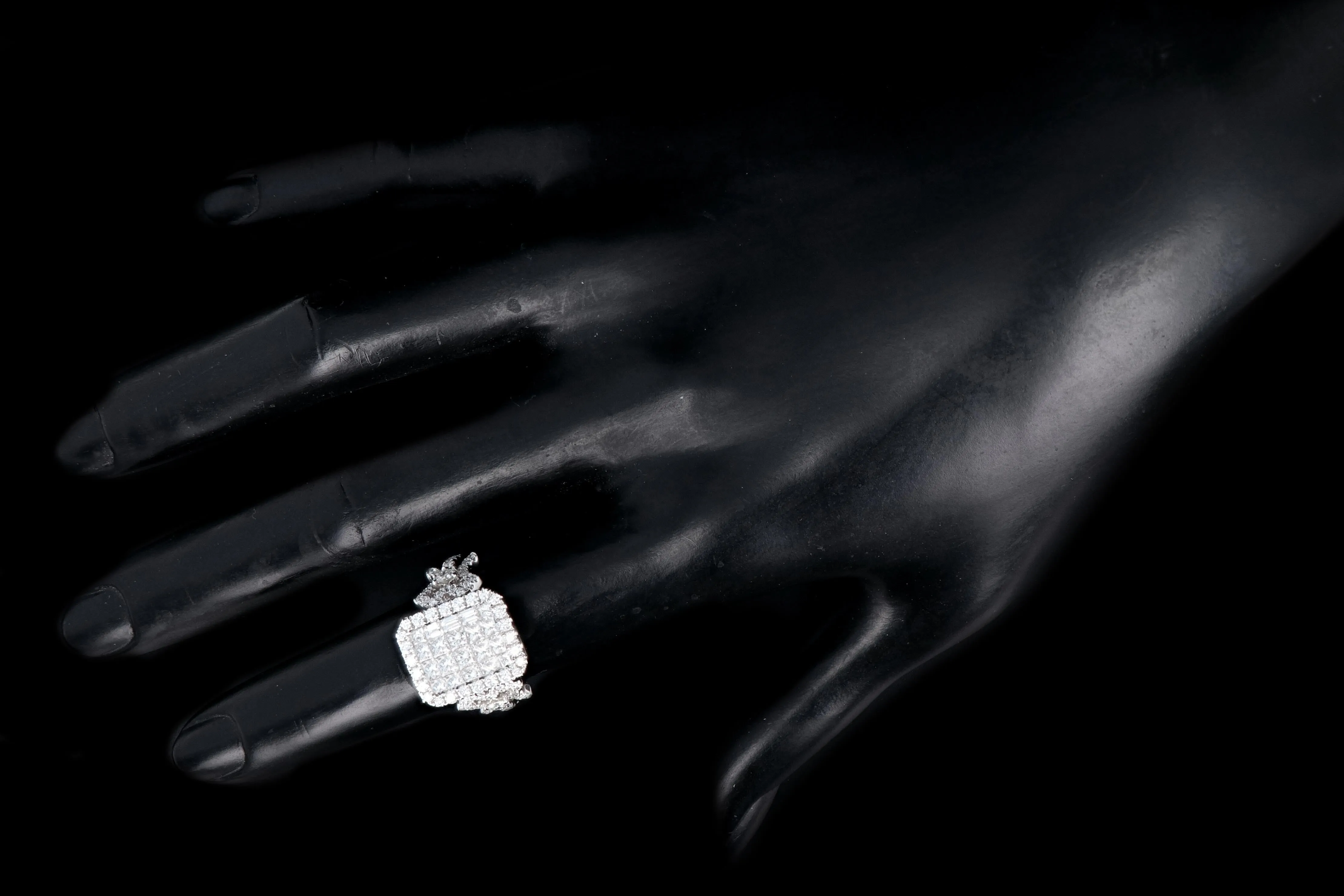 New 18K White Gold 2.26 Carats Princess, Baguette, and Round Cut Diamond Ring