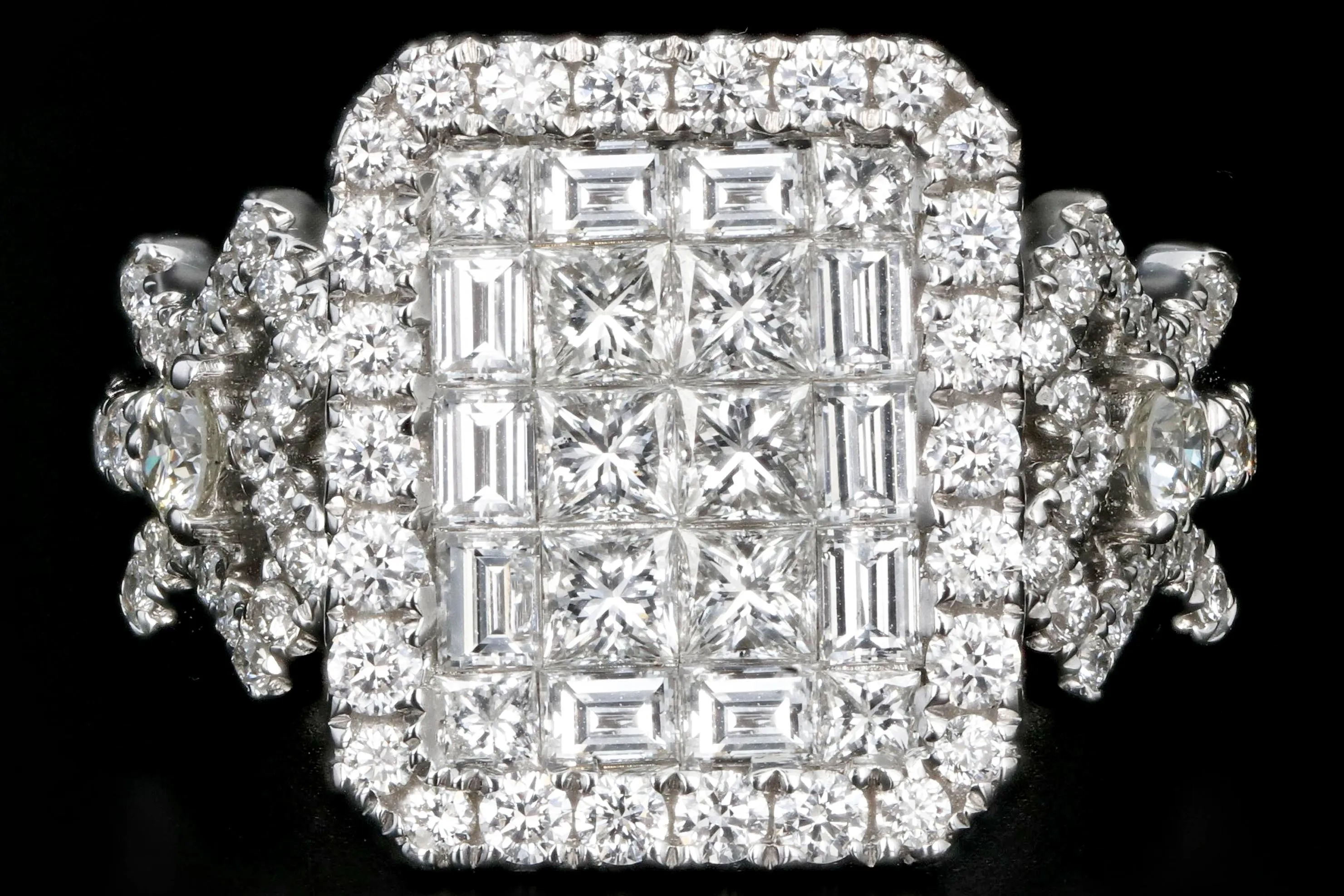 New 18K White Gold 2.26 Carats Princess, Baguette, and Round Cut Diamond Ring