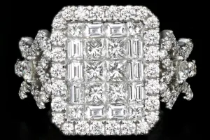 New 18K White Gold 2.26 Carats Princess, Baguette, and Round Cut Diamond Ring