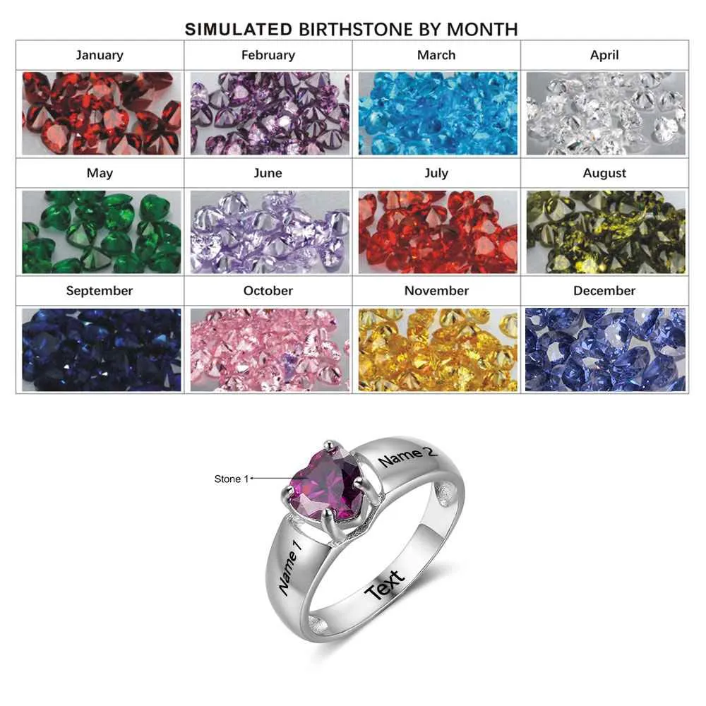 New 925 Sterling Silver Engagement Rings Birthstone Ring Engrave Name Love Heart Shape Rings Free Gift Box