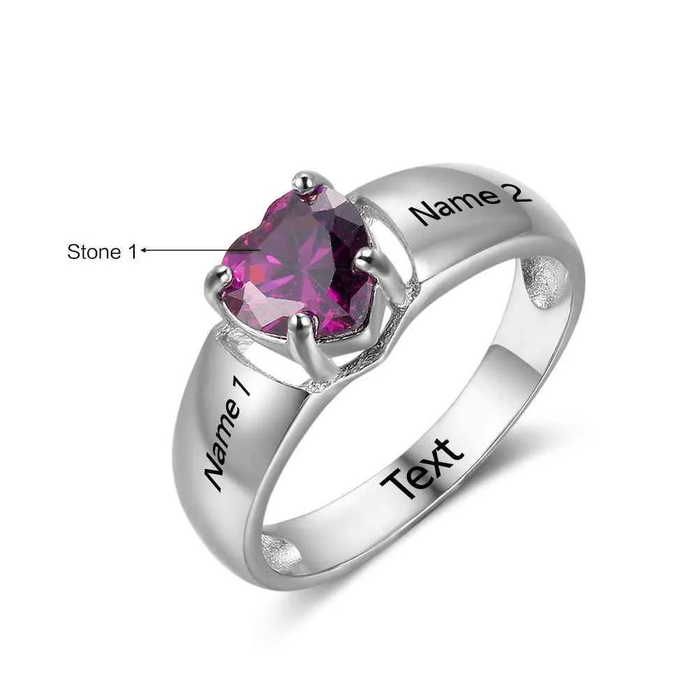 New 925 Sterling Silver Engagement Rings Birthstone Ring Engrave Name Love Heart Shape Rings Free Gift Box