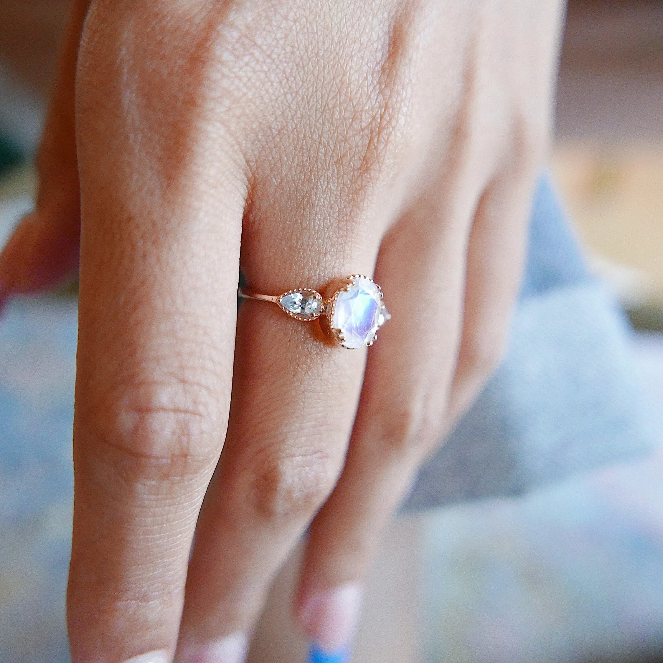 New Dawn Moonstone and Aquamarine ring
