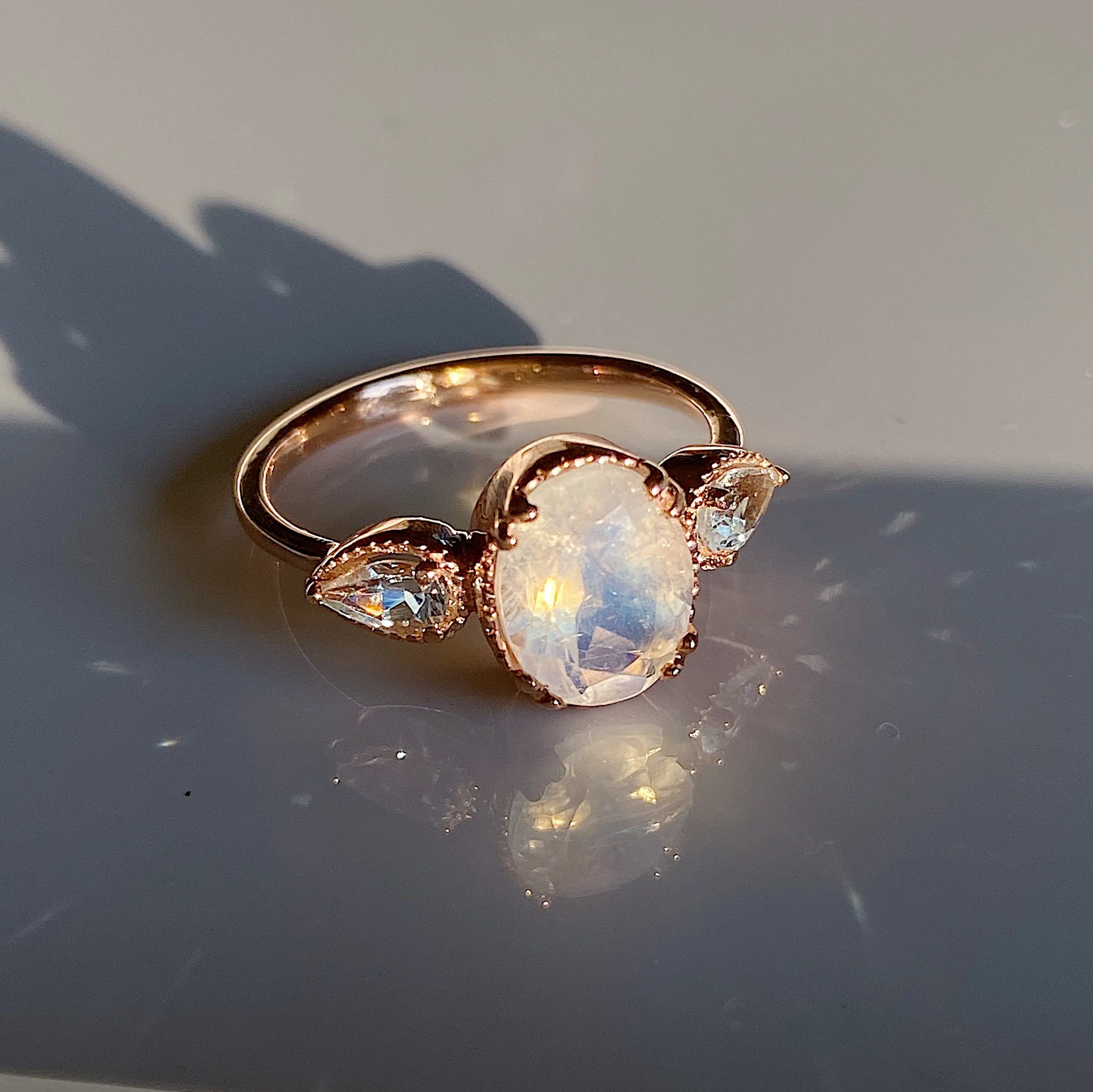 New Dawn Moonstone and Aquamarine ring