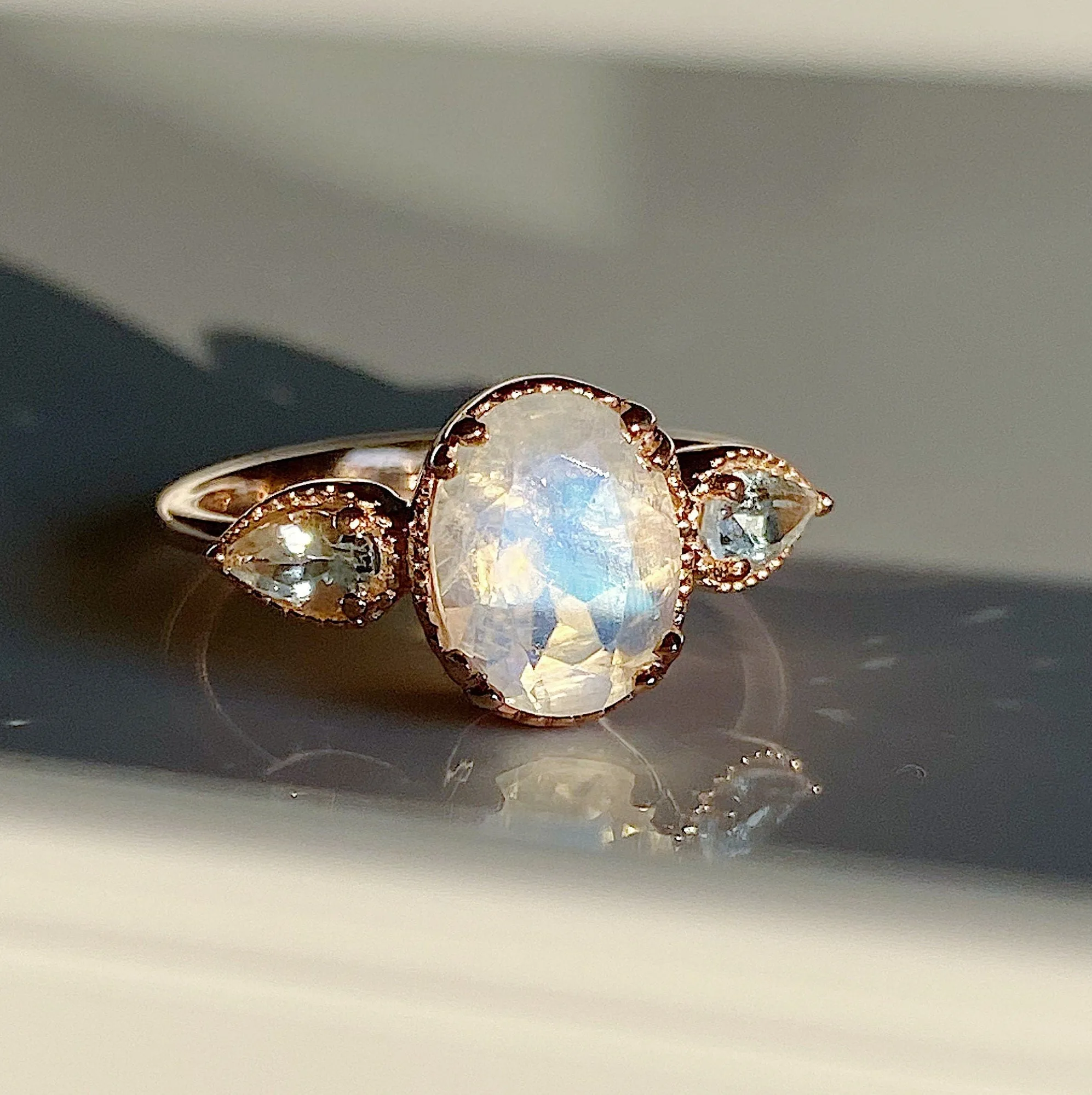 New Dawn Moonstone and Aquamarine ring