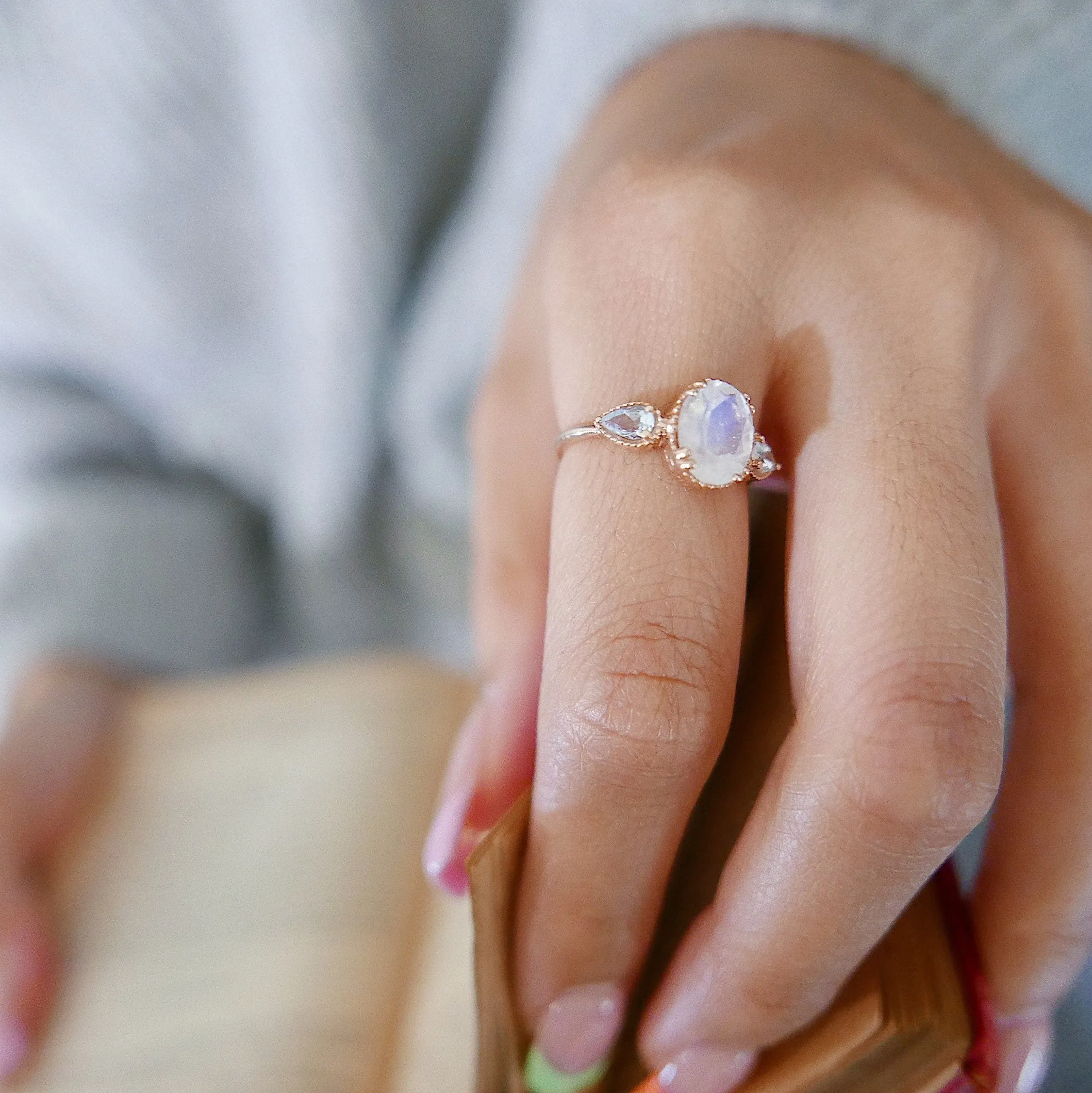 New Dawn Moonstone and Aquamarine ring