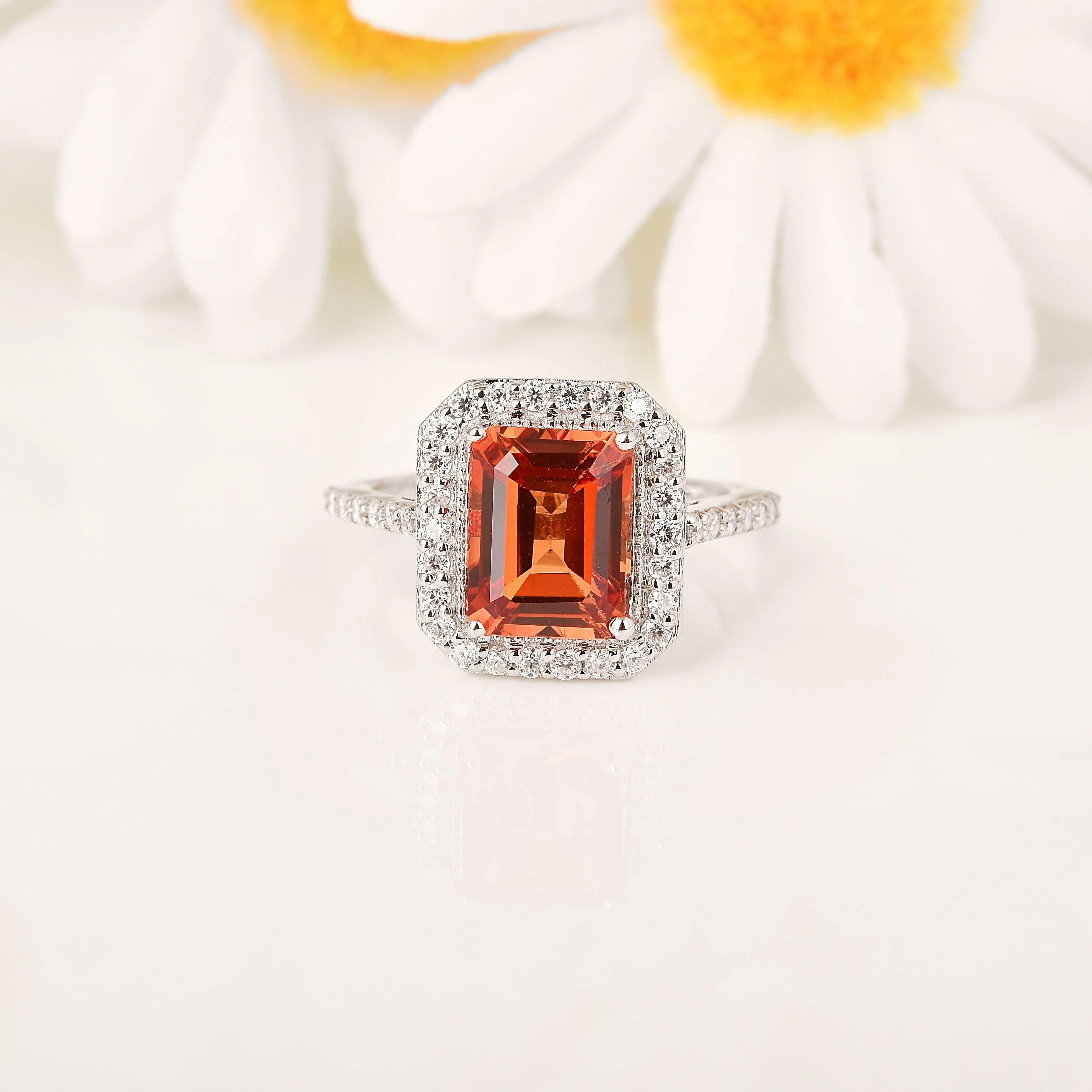 Octagon Peach Sapphire Halo Ring