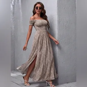 Off the shoulder shirred bust floral print boho maxi dress tan