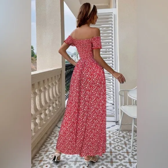 Off the shoulder shirred bust floral print boho maxi dress tan