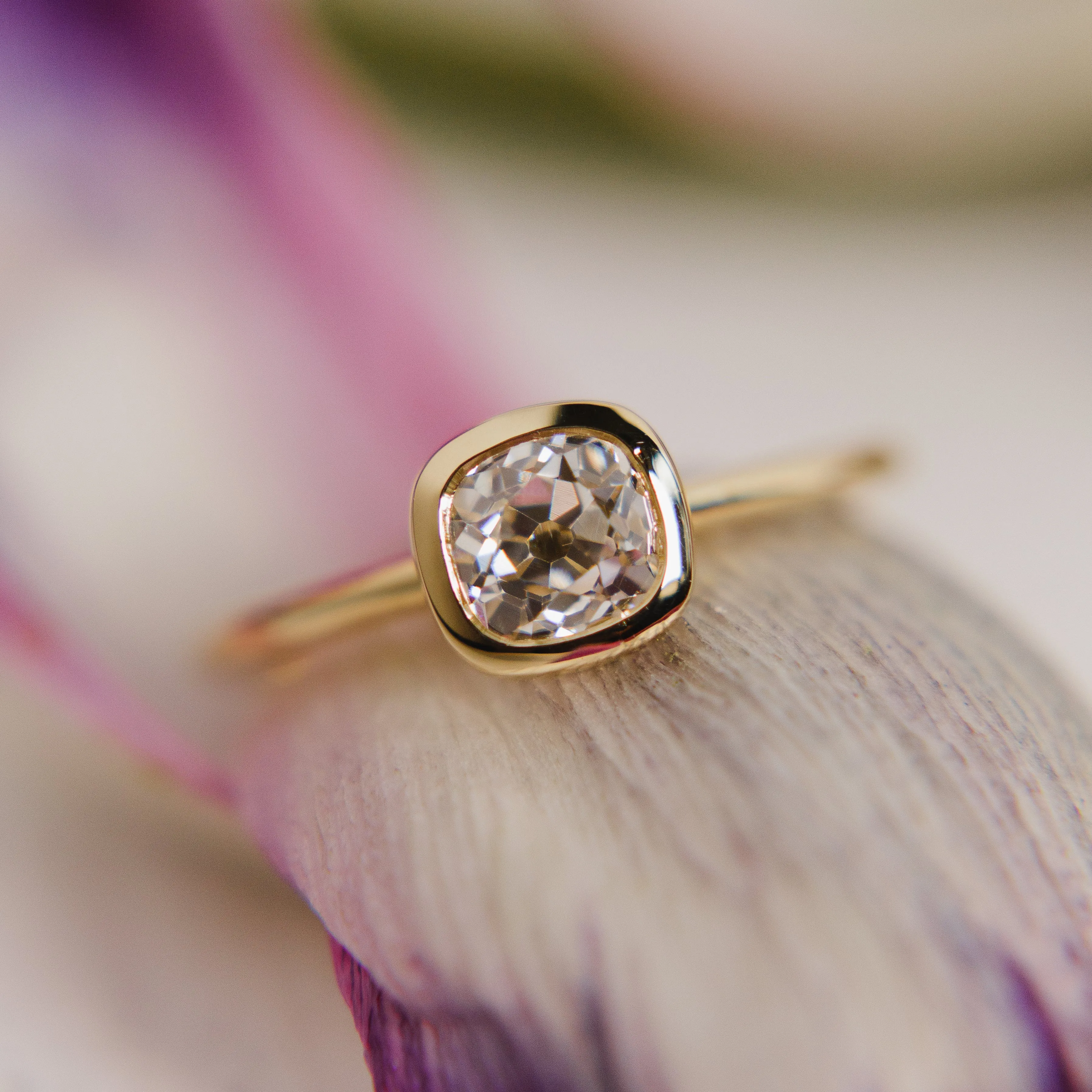 Old Mine Cut Diamond - Bezel Solitaire - 18k Yellow Gold