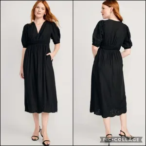 ON Black Embroidered Eyelet Lace Detail Shirred Elastic Maxi Dress