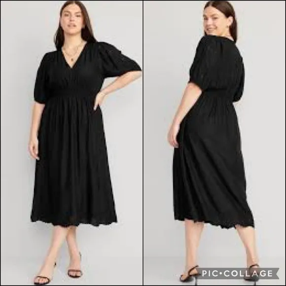 ON Black Embroidered Eyelet Lace Detail Shirred Elastic Maxi Dress