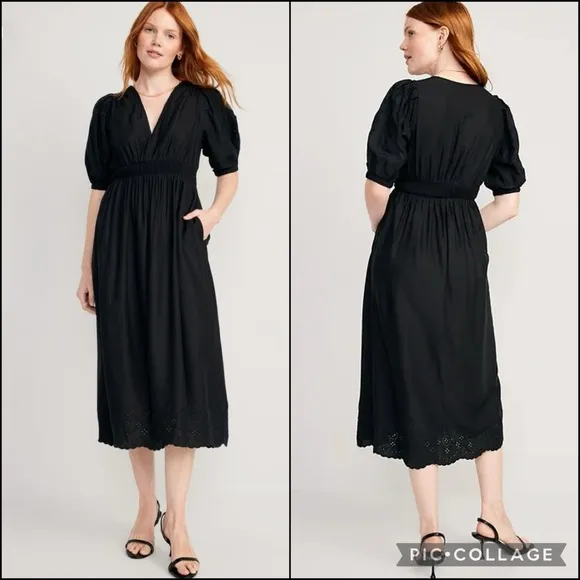 ON Black Embroidered Eyelet Lace Detail Shirred Elastic Maxi Dress