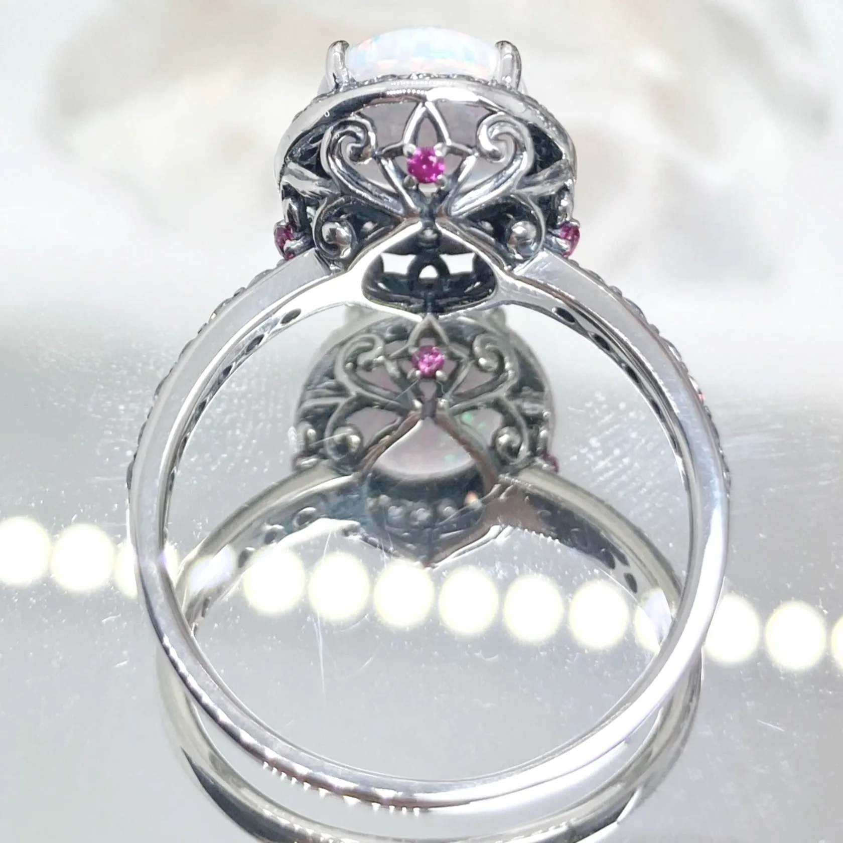 Opal Halo Ring, Size 7, White CZ Gems, Art Deco Sterling Silver Filigree #D228 - Ready to Ship